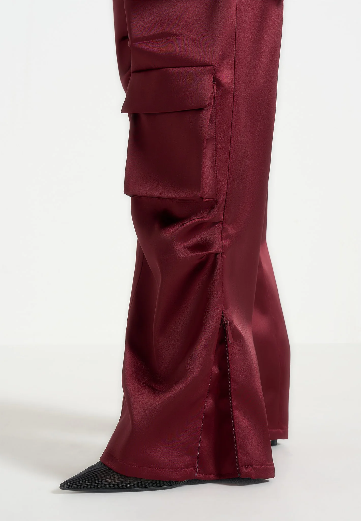 Emilie - Satin High Waisted Cargo Pants - Wine Red - Image 5