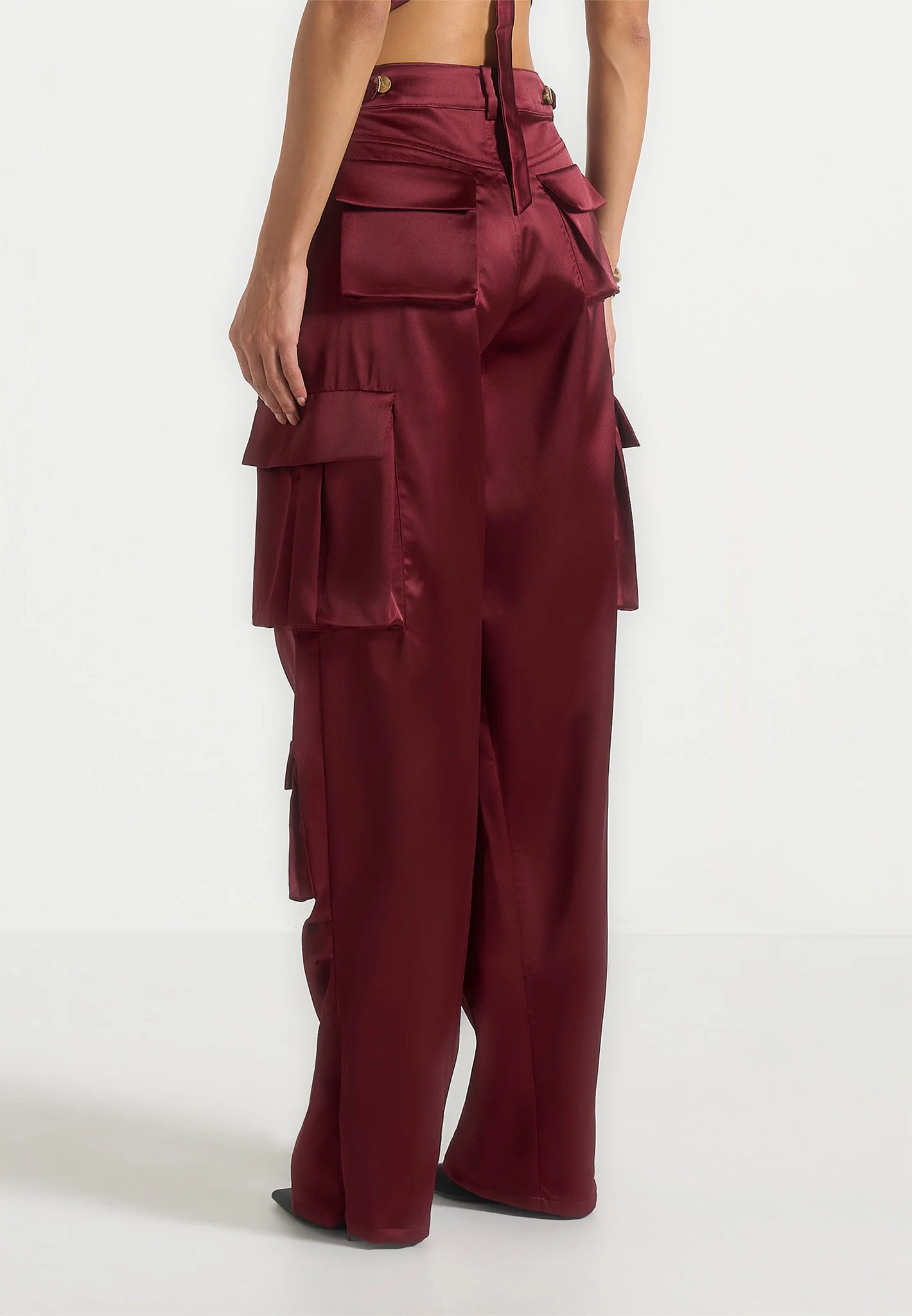 Emilie - Satin High Waisted Cargo Pants - Wine Red - Image 6