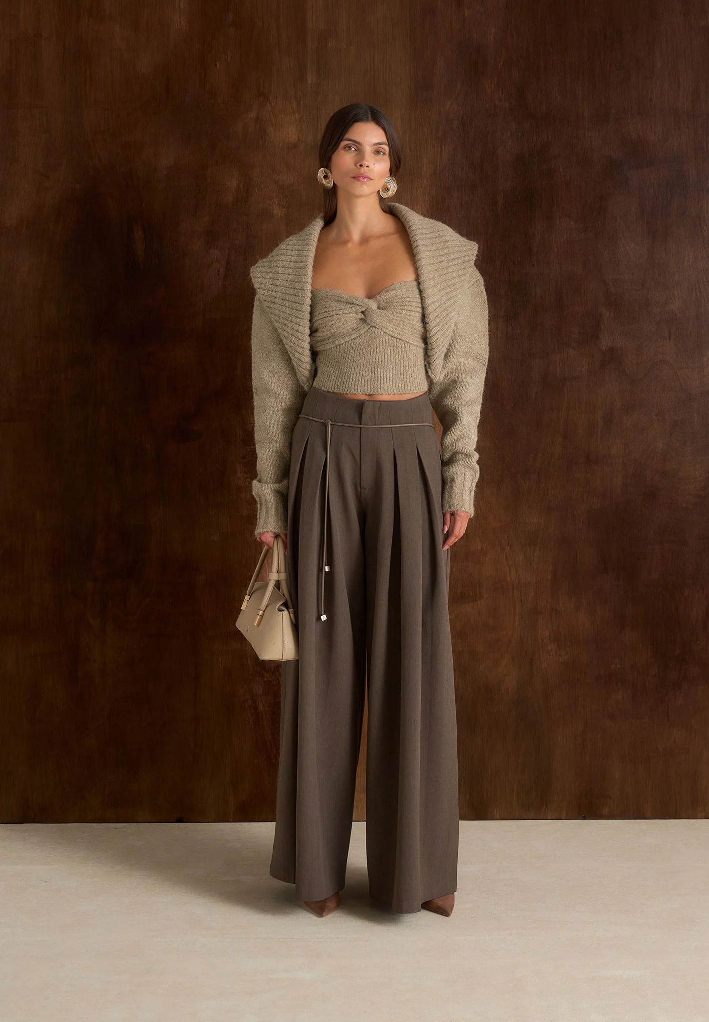Emya - 2-in-1 Knit Shrug With Twisted Bandeau Top - Taupe - Image 2