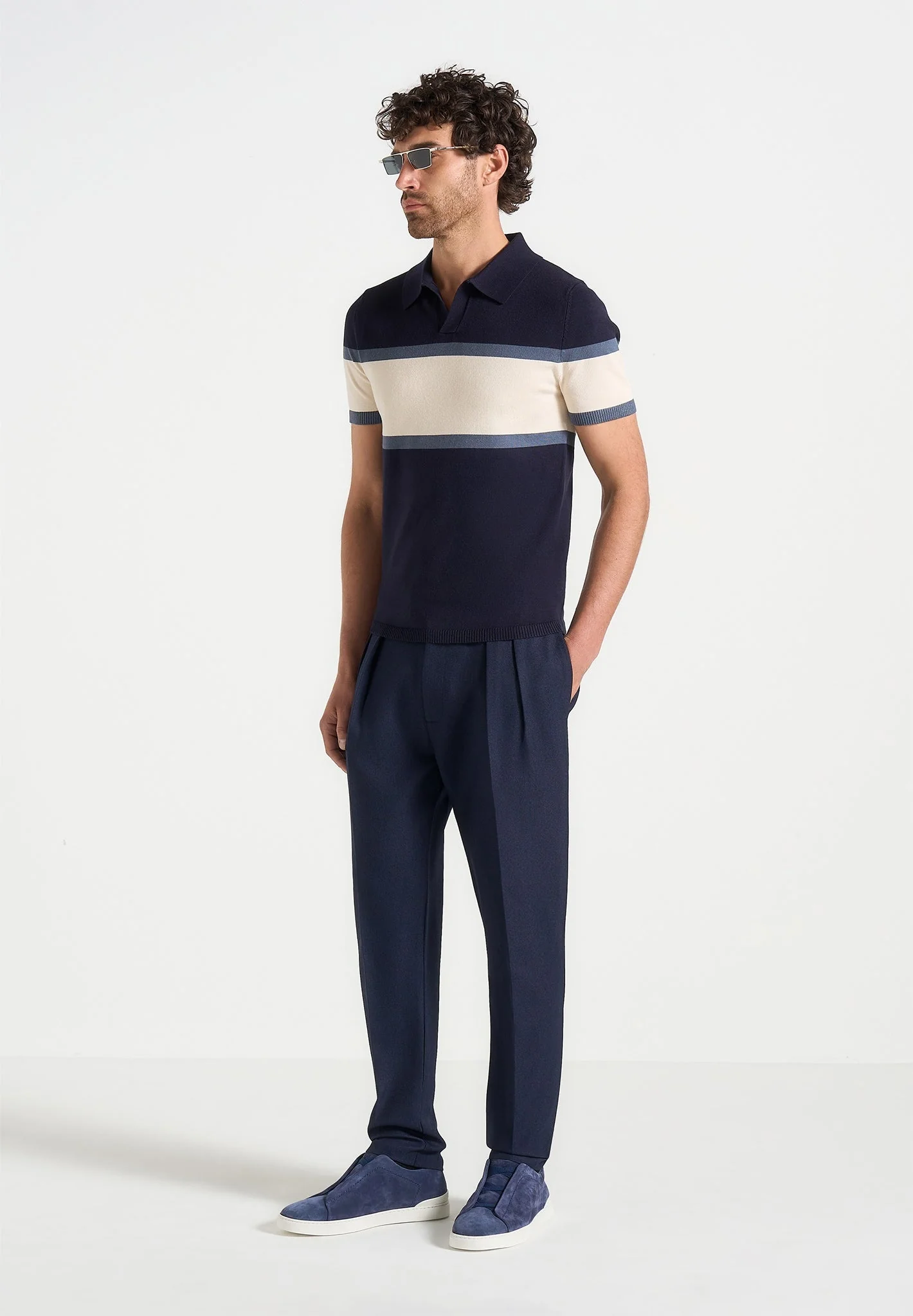 Enzo - Colour Block Polo Top - Navy - Image 2