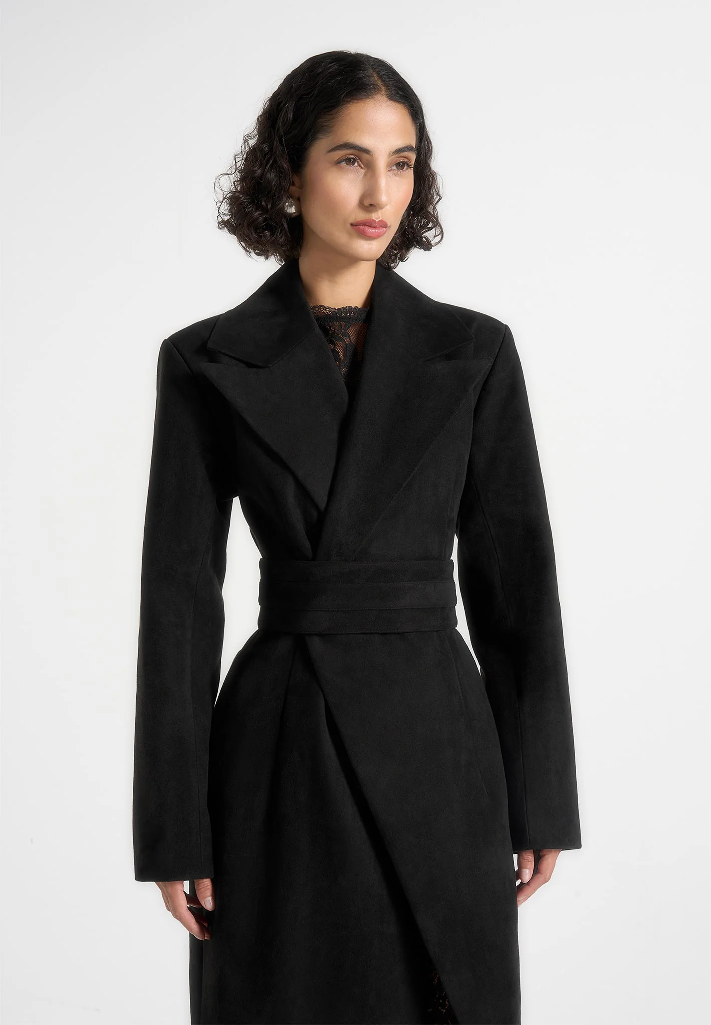 Esma - Suede Asymmetric Coat with Cinch Belt - Black - Image 2