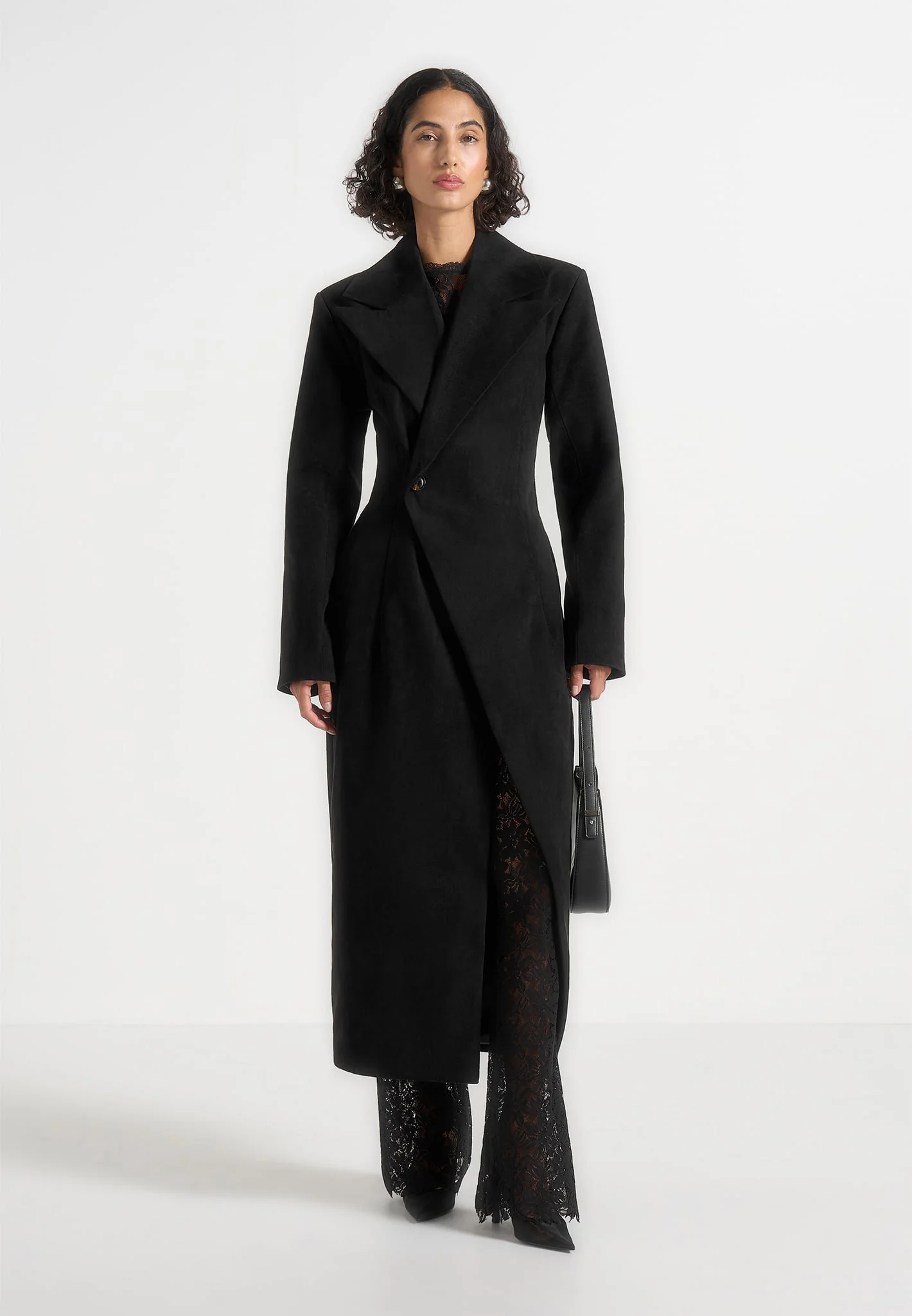 Esma - Suede Asymmetric Coat with Cinch Belt - Black - Image 3