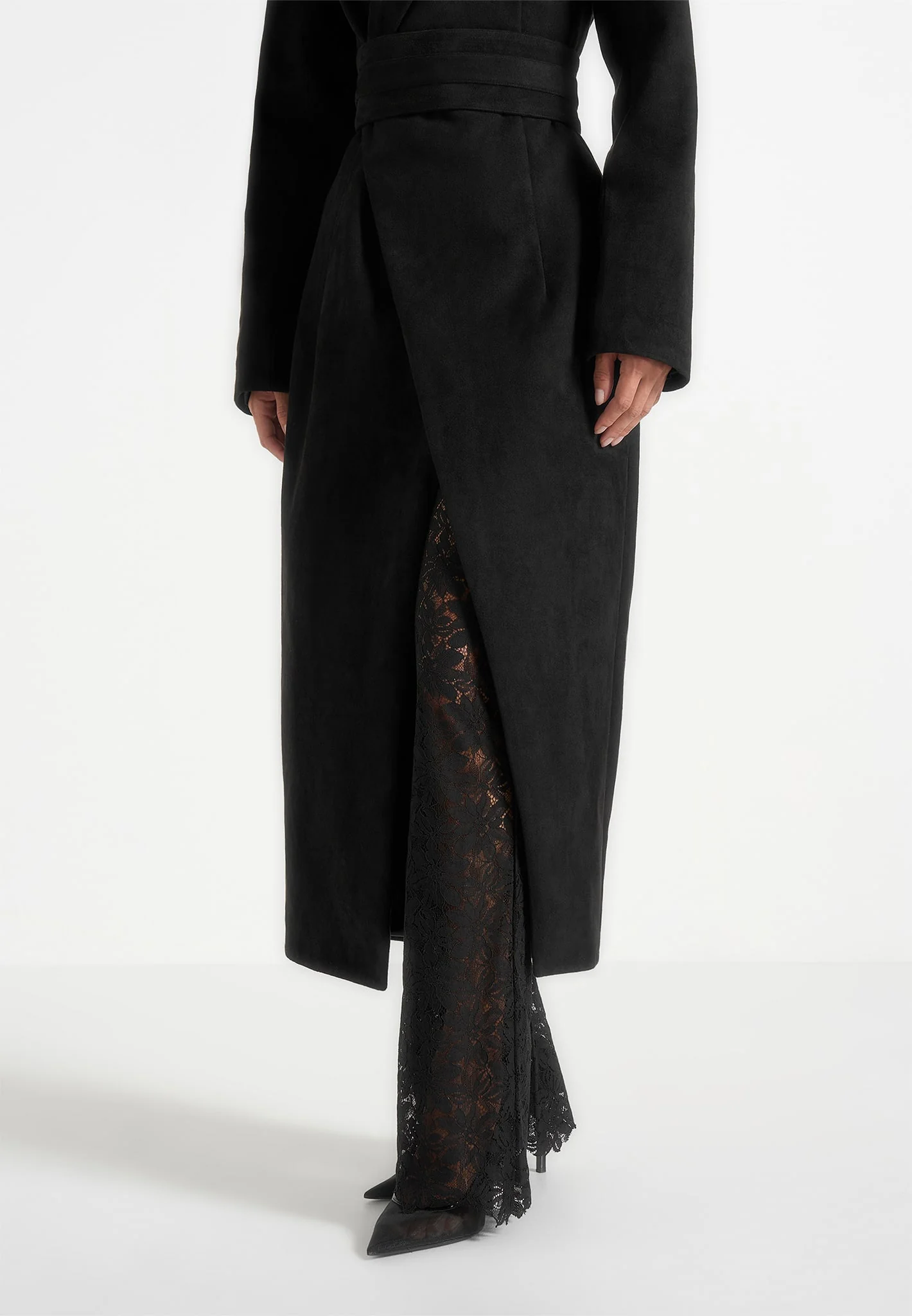 Esma - Suede Asymmetric Coat with Cinch Belt - Black - Image 4
