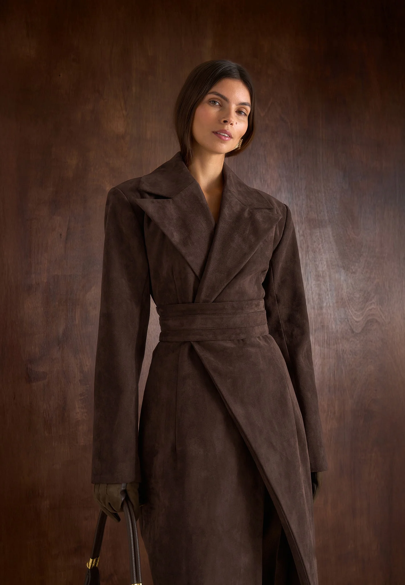 Esma - Suede Asymmetric Coat with Cinch Belt - Brown - Image 2