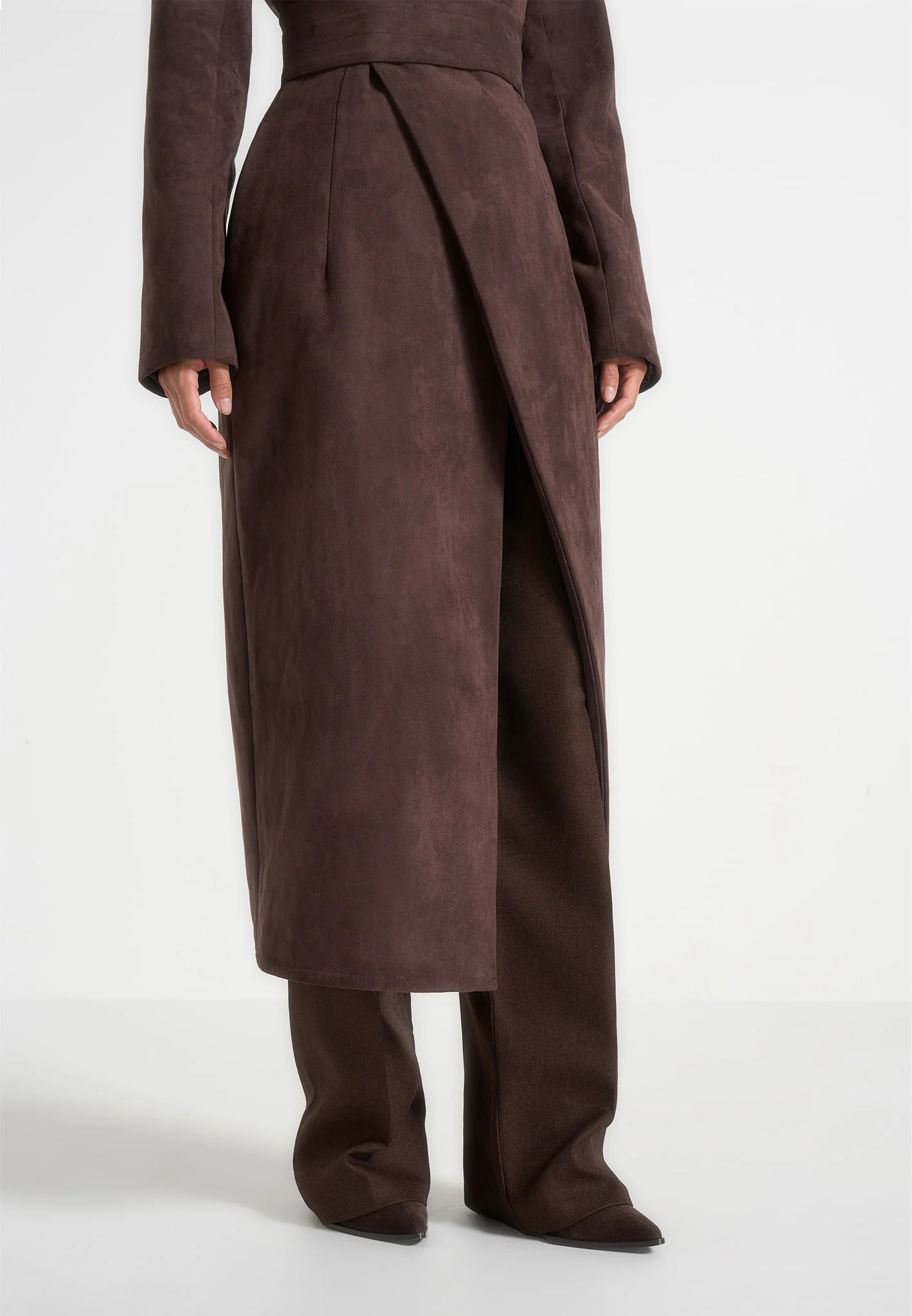Esma - Suede Asymmetric Coat with Cinch Belt - Brown - Image 5