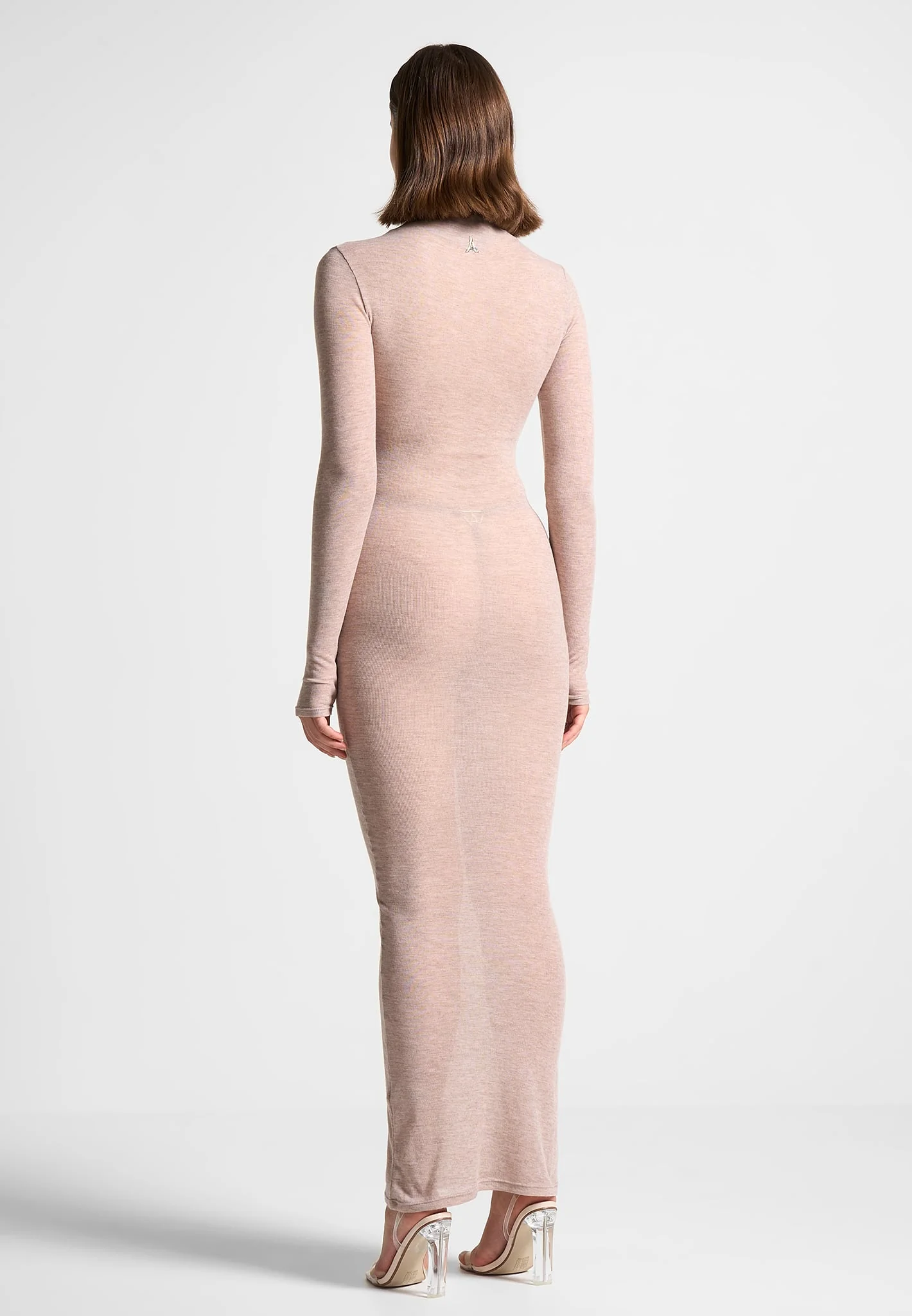 Mock Neck Sheer Midaxi Dress - Beige - Image 3