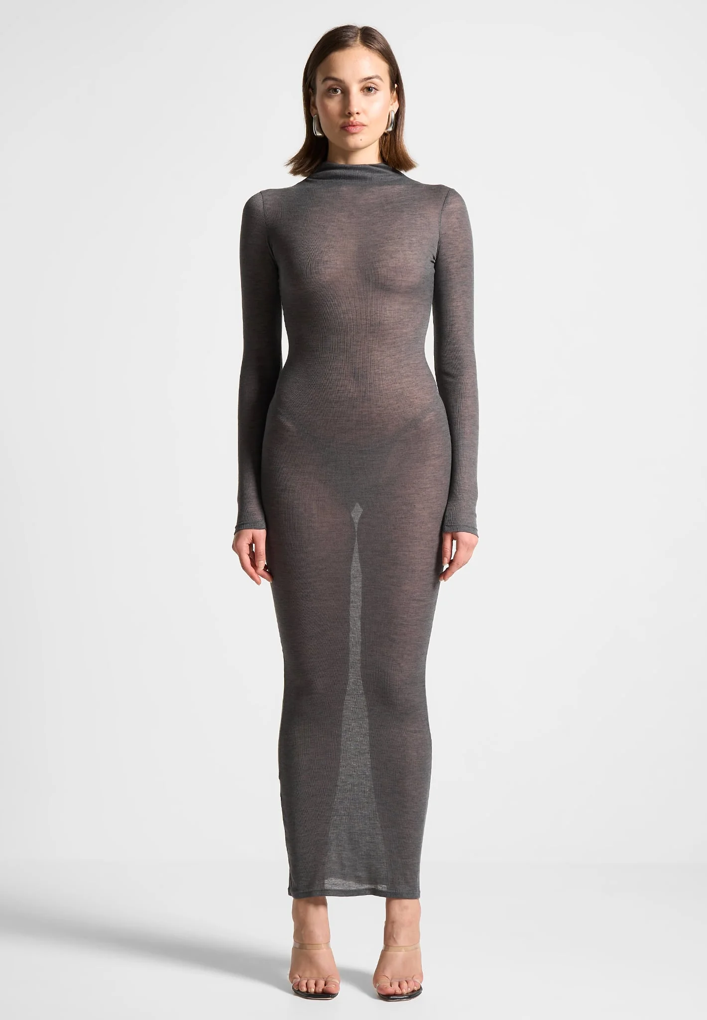 Mock Neck Sheer Midaxi Dress - Grey - Image 2