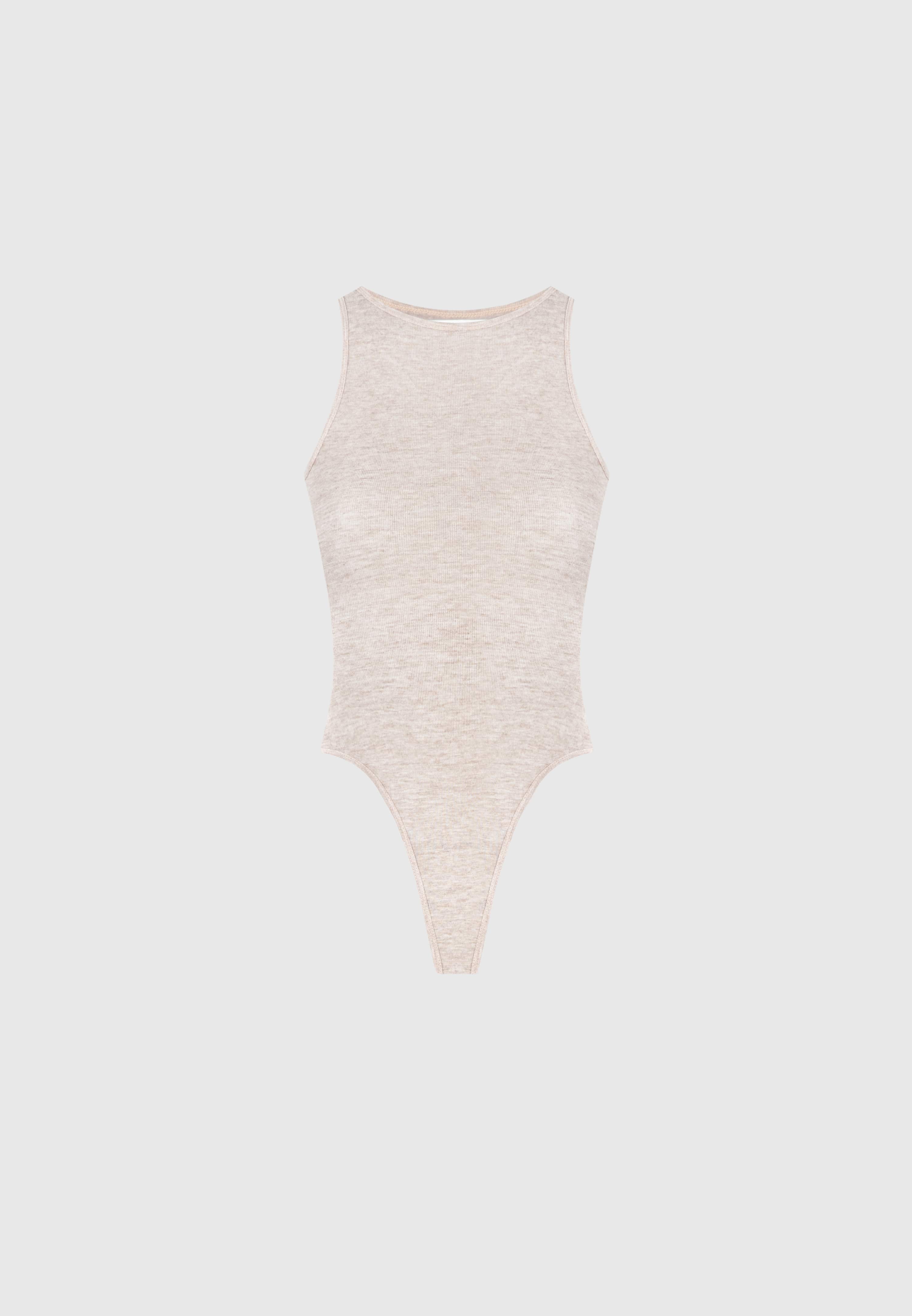 Sheer Racer Neck Bodysuit - Beige - Image 2