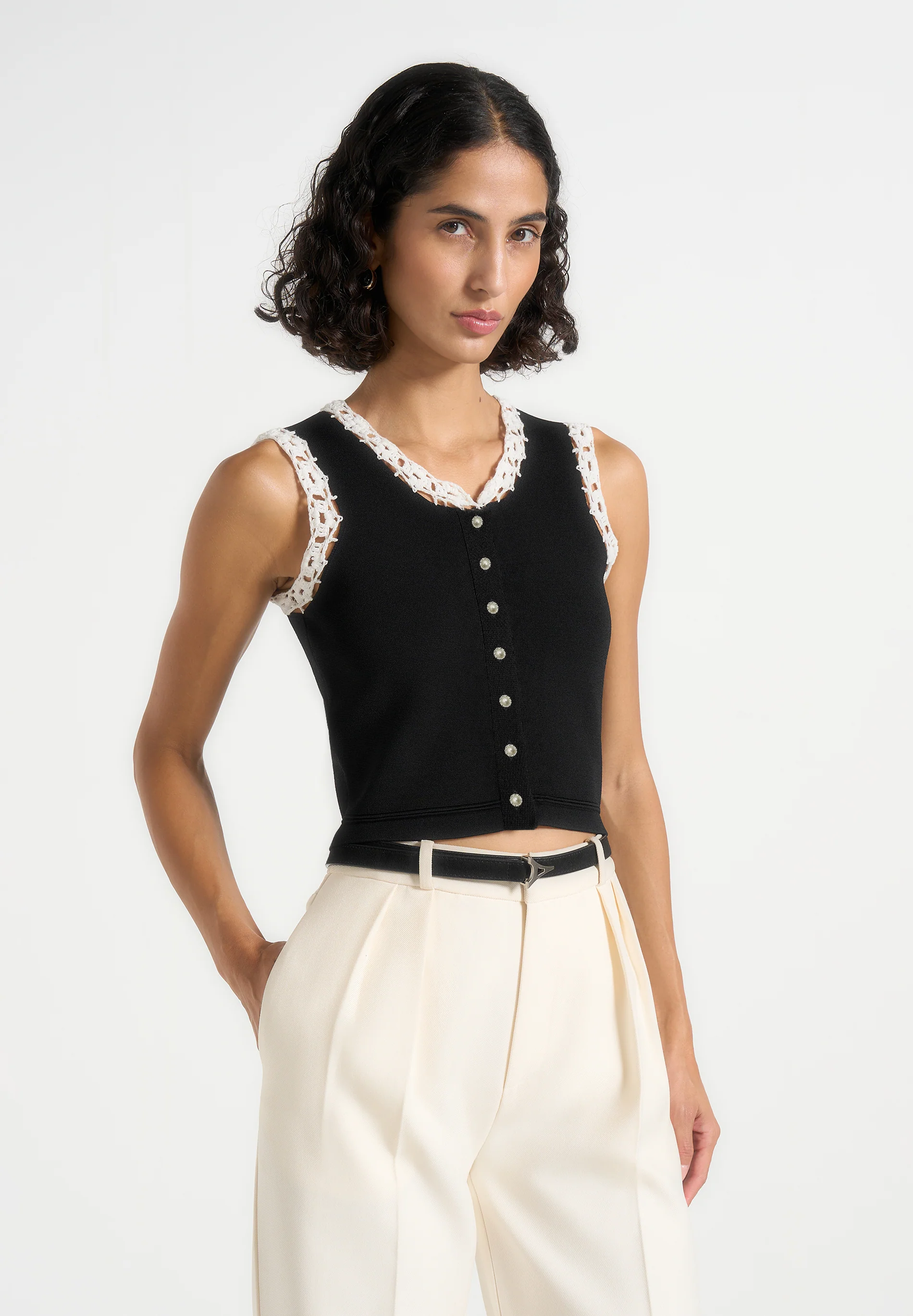 Evelyn - Crochet Frill Crop Top - Black