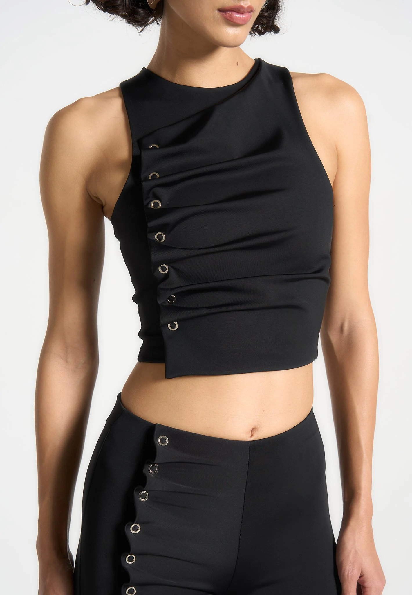 Eyelet Detail Tacked Racer Top - Black - Image 3