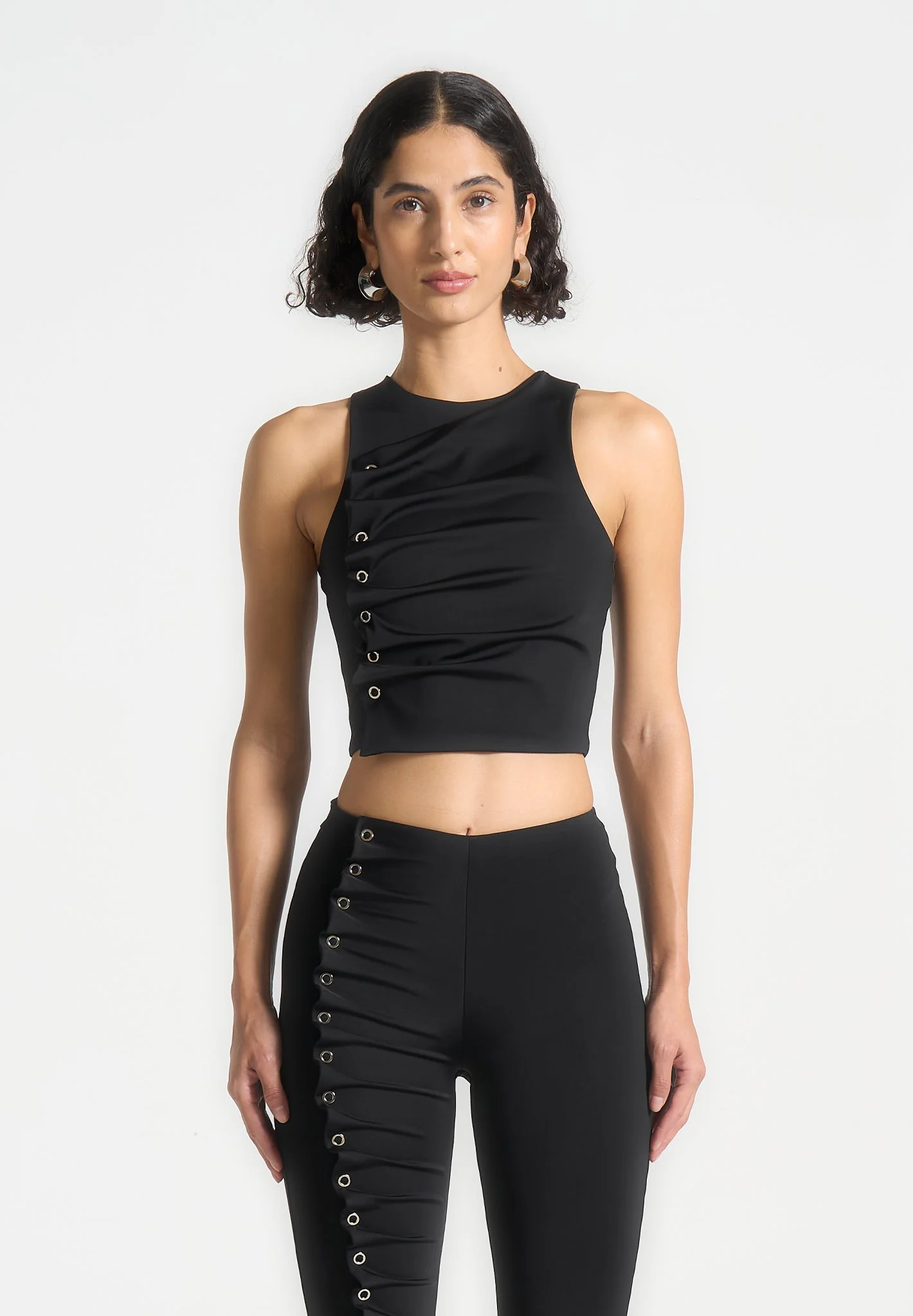 Eyelet Detail Tacked Racer Top - Black - Image 4