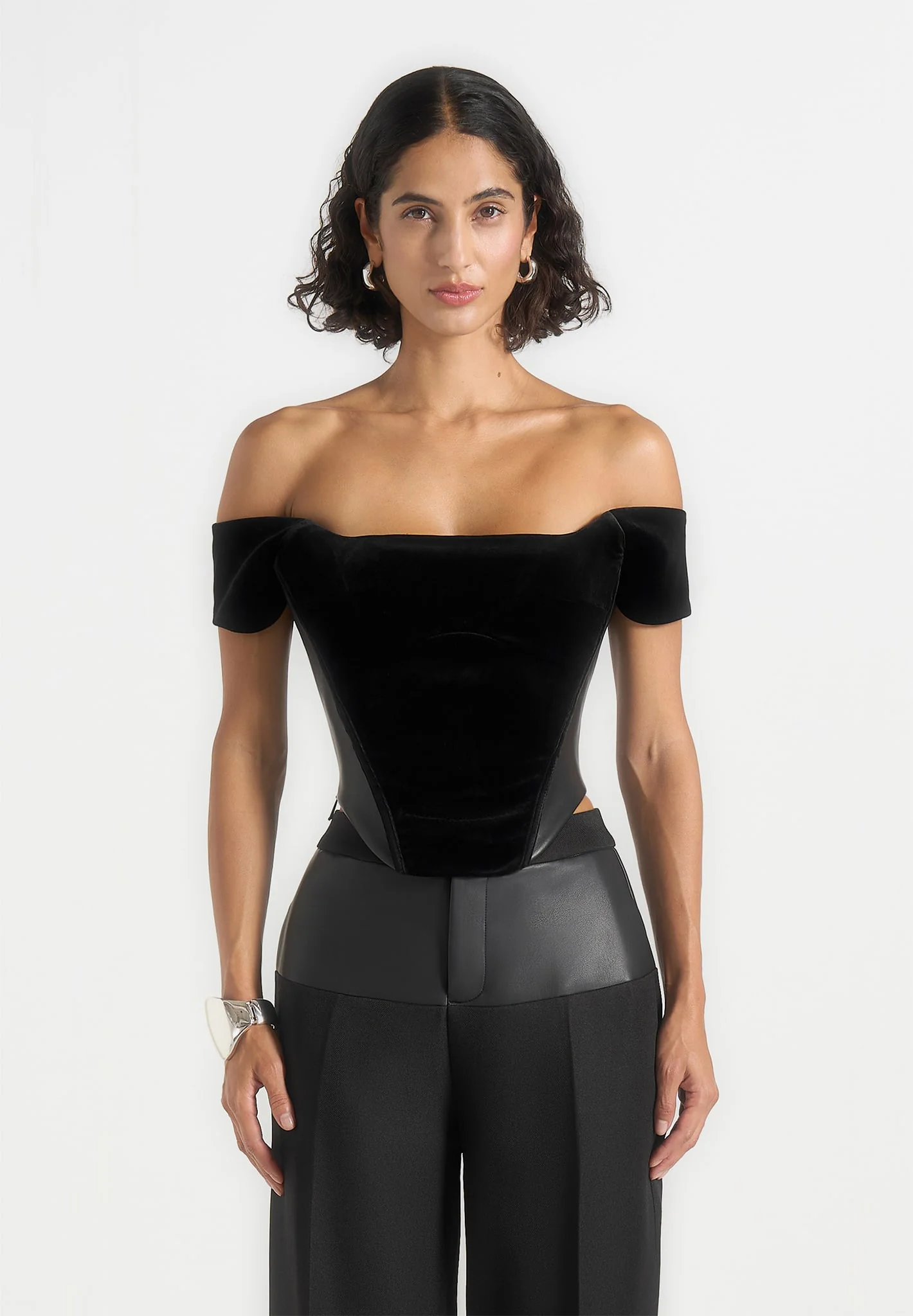 Fae - Velvet & Leather Bardot Corset Top - Black