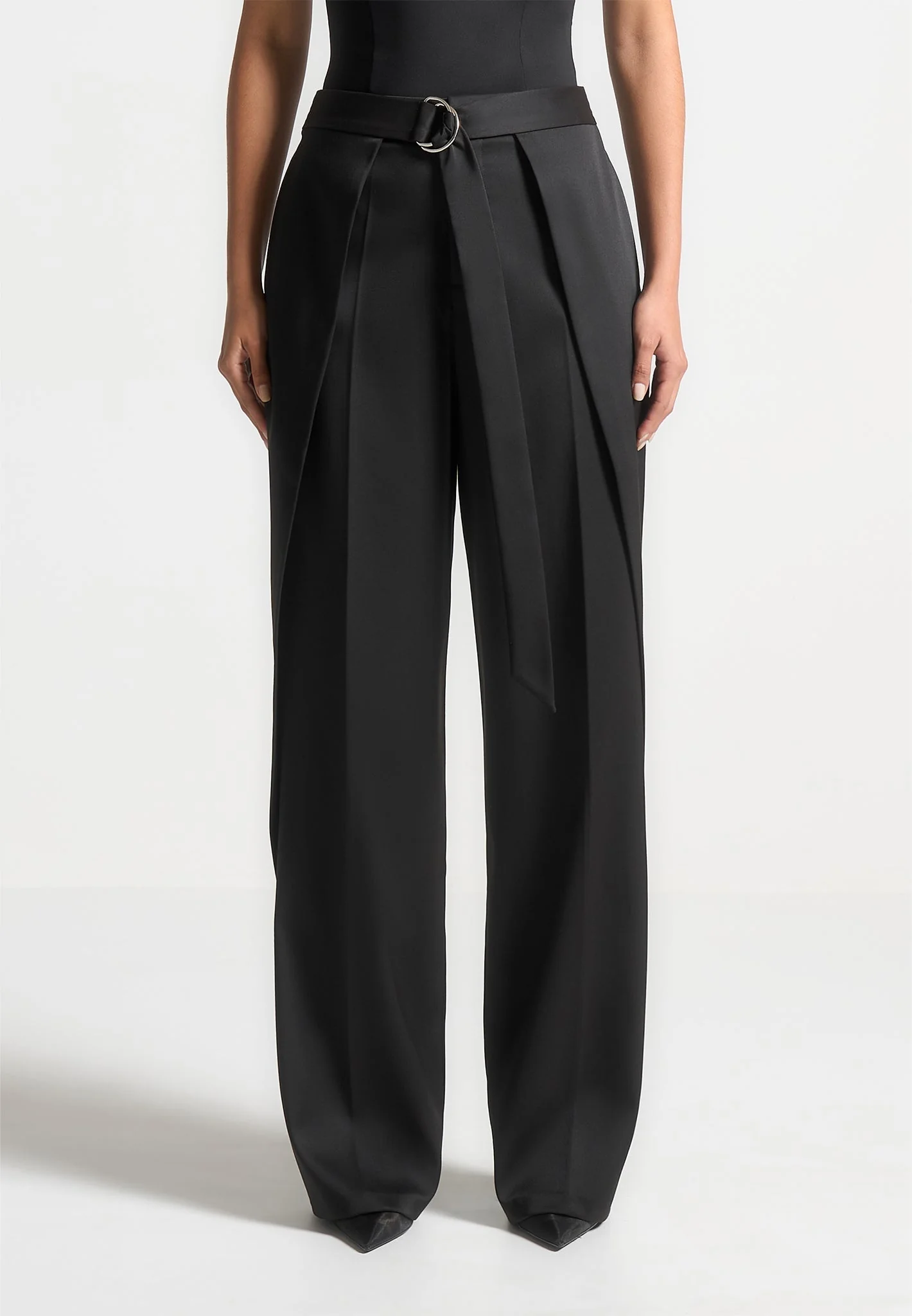 Foldover Sateen Trousers with D-Ring Belt - Black - Image 4