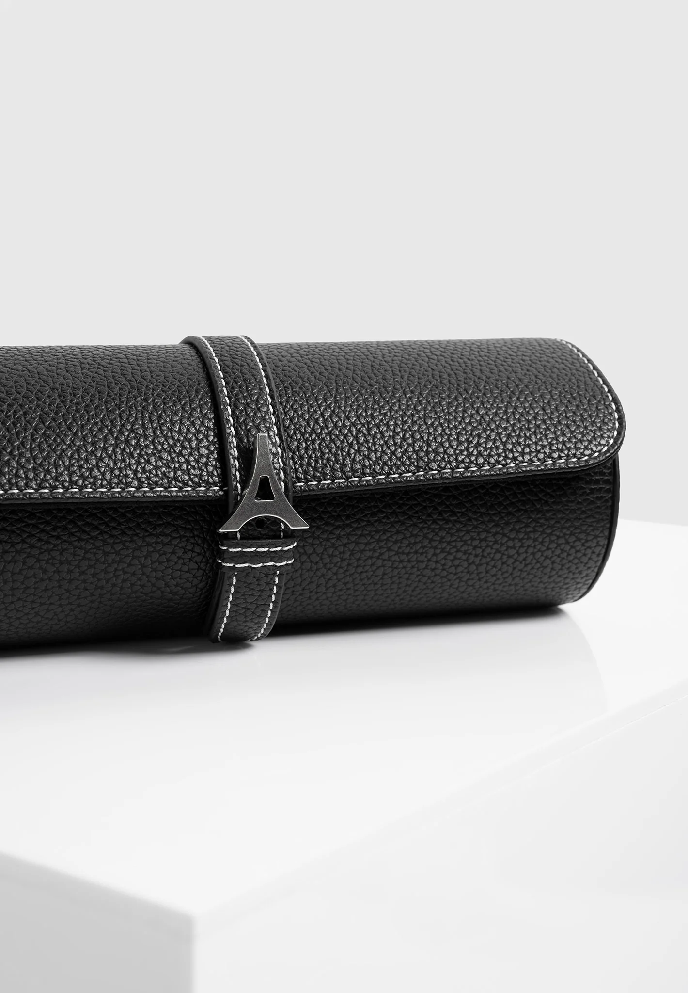 Fred - Pebbled Leather Contrast Stitch Watch Roll - Black - Image 4