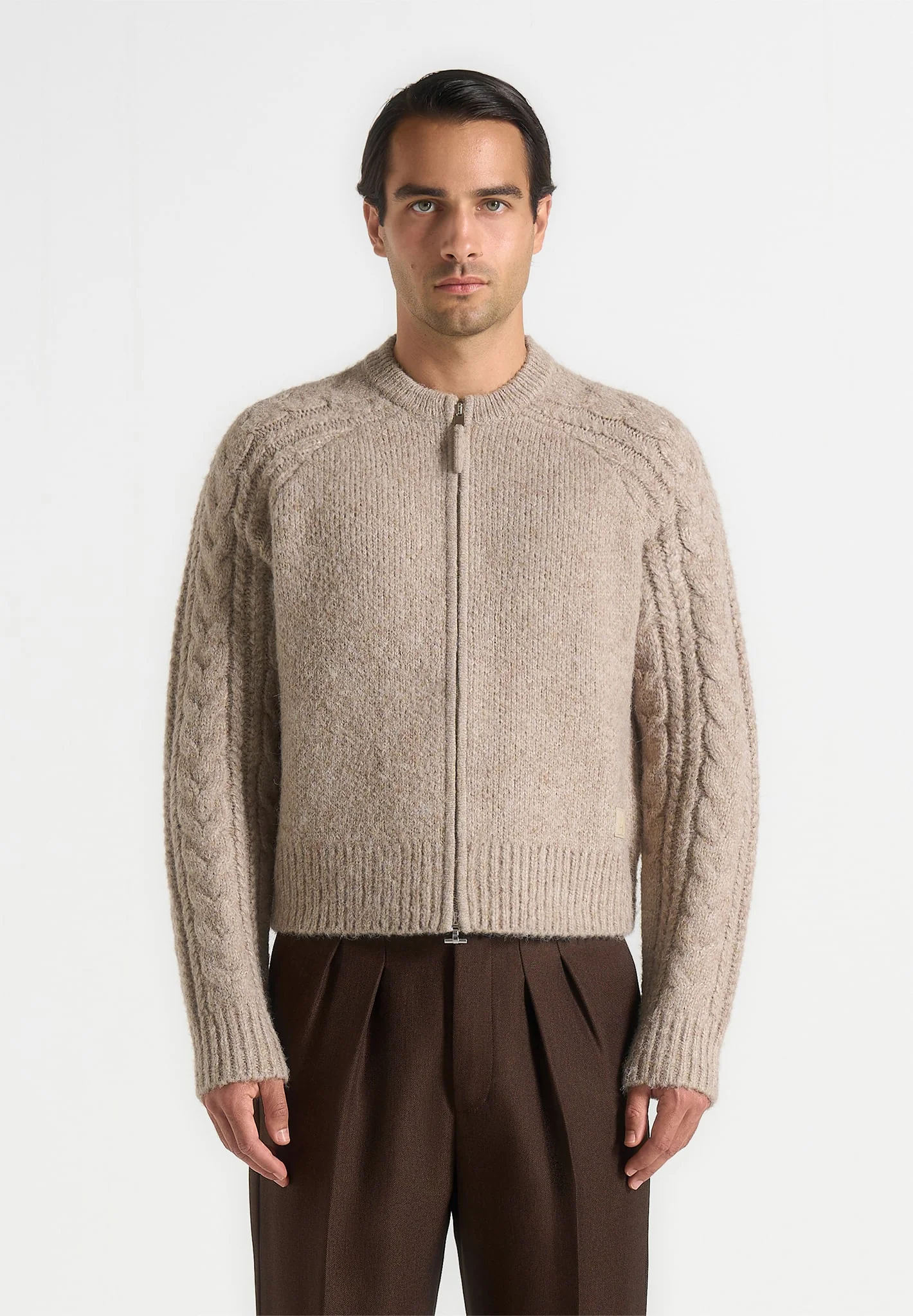 Gaby - Speckled Cable Knit Zip Cardigan - Beige - Image 3