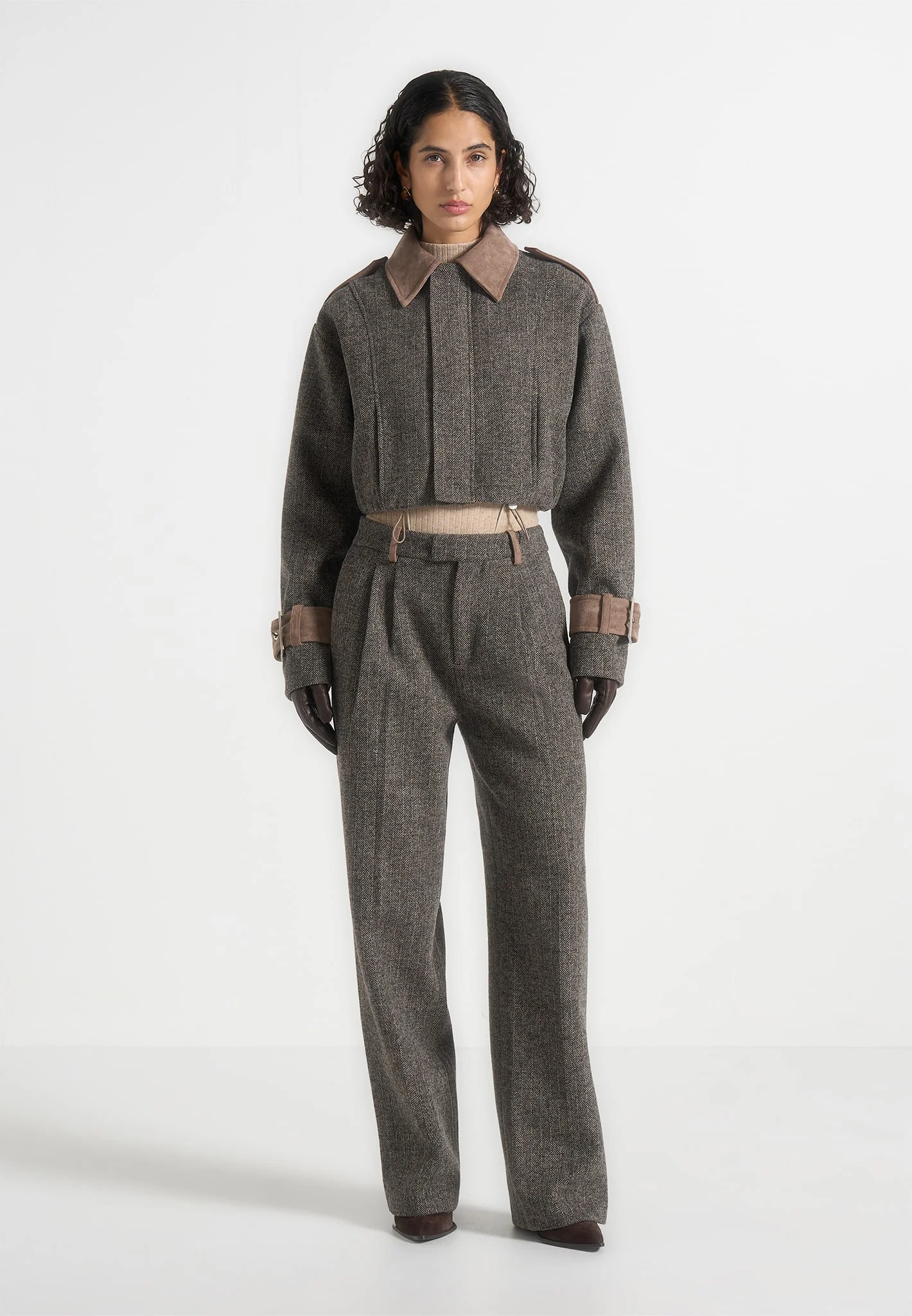 Galia - Herringbone and Suede Bungee Hem Jacket - Grey - Image 2