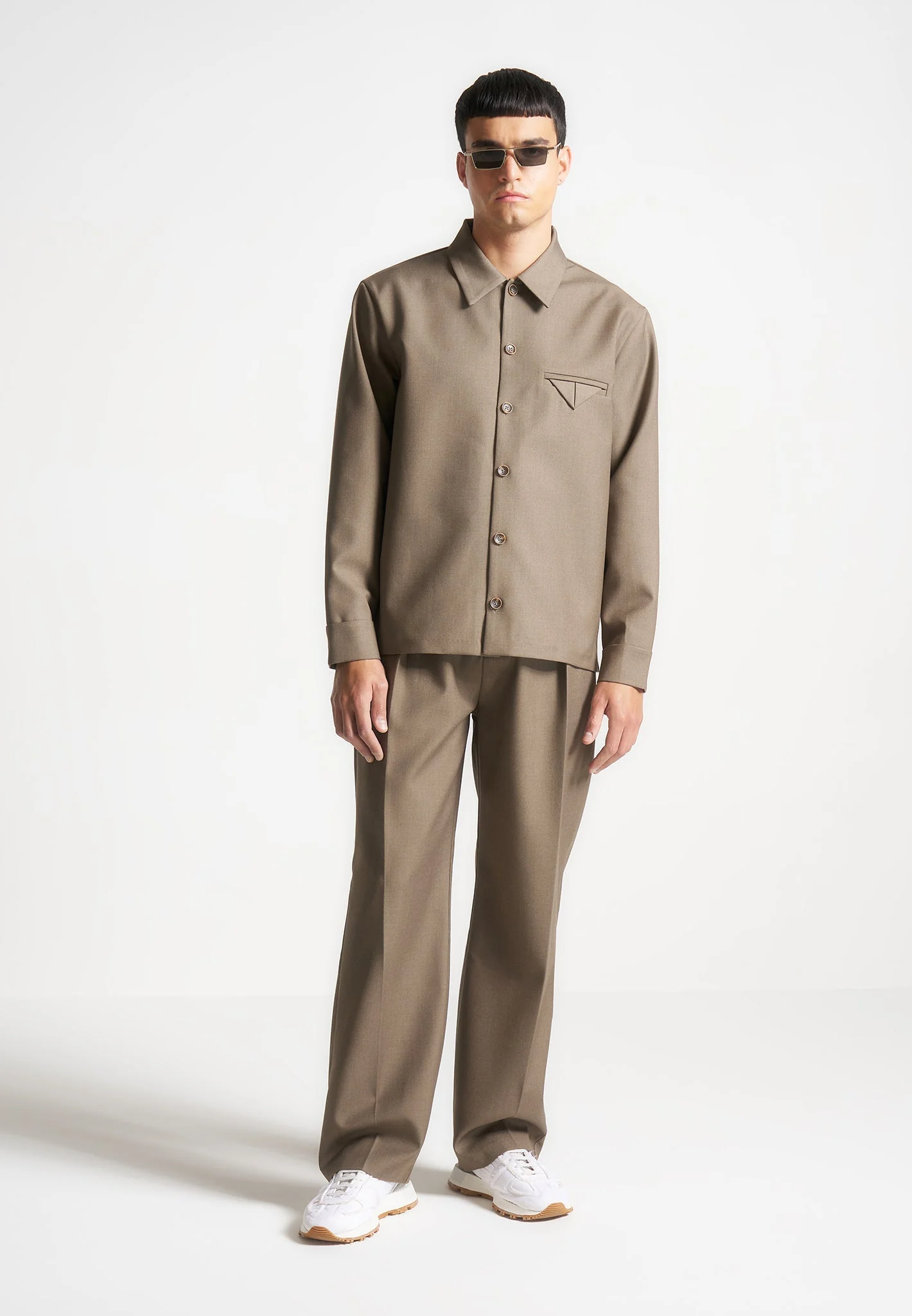 Leo - Hatched Tailored Long Sleeve Overshirt - Khaki