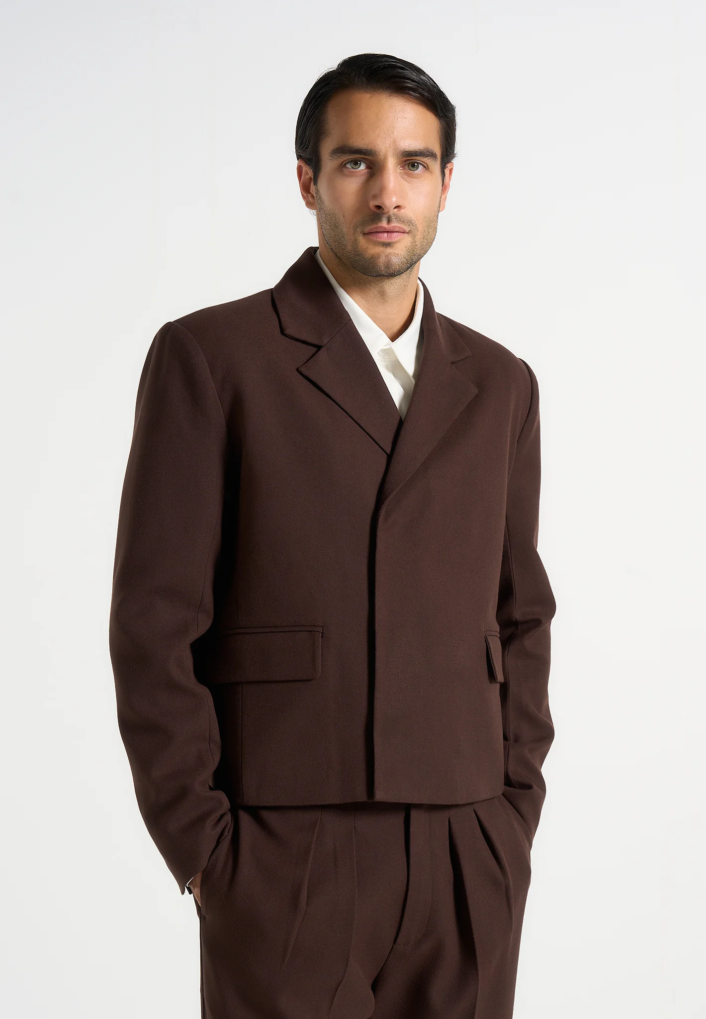 Hector - Double Breasted Tailored Cropped Blazer - Brown - Image 3