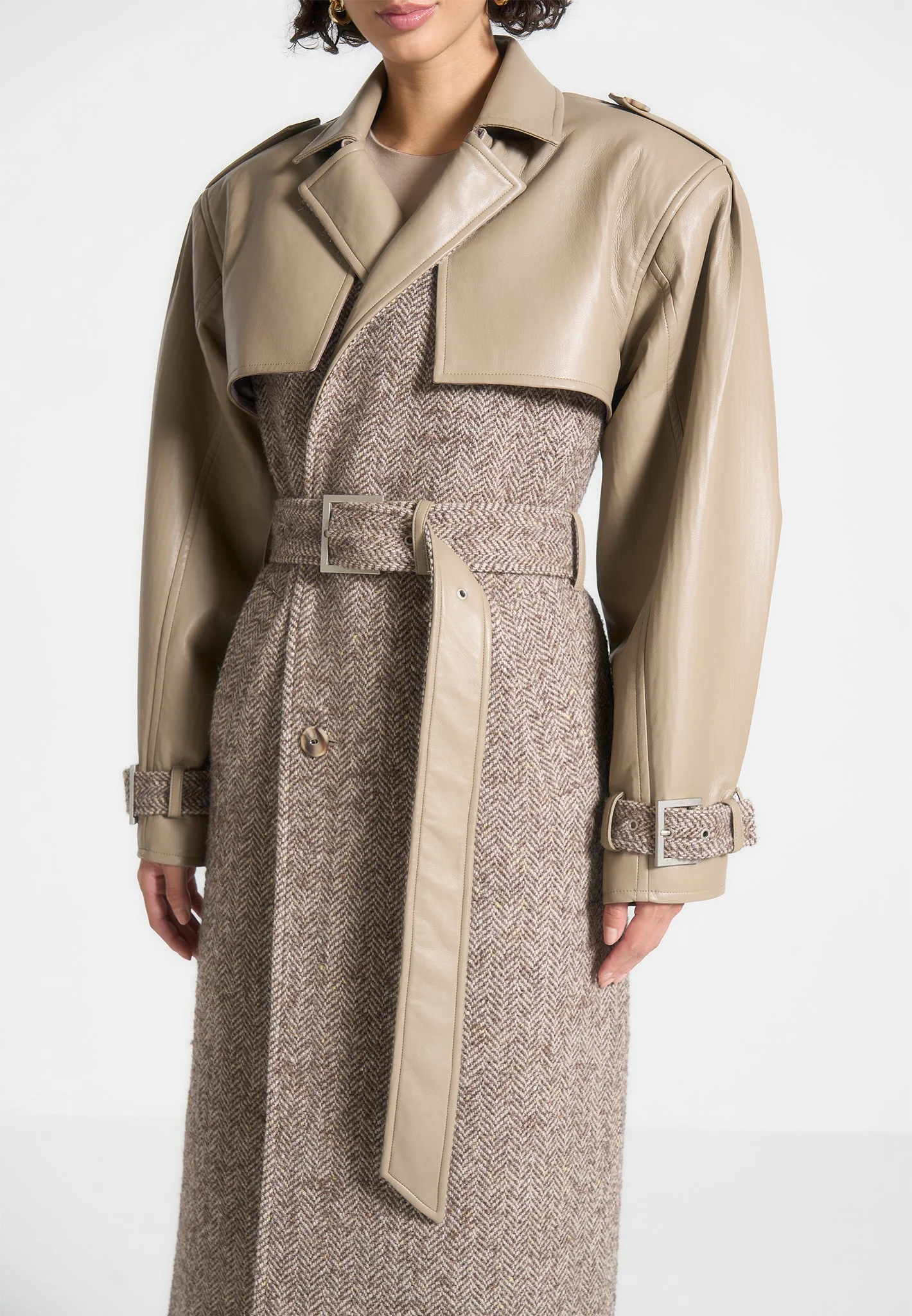 Carina - Herringbone Wool & Leather Trench Coat - Taupe - Image 2