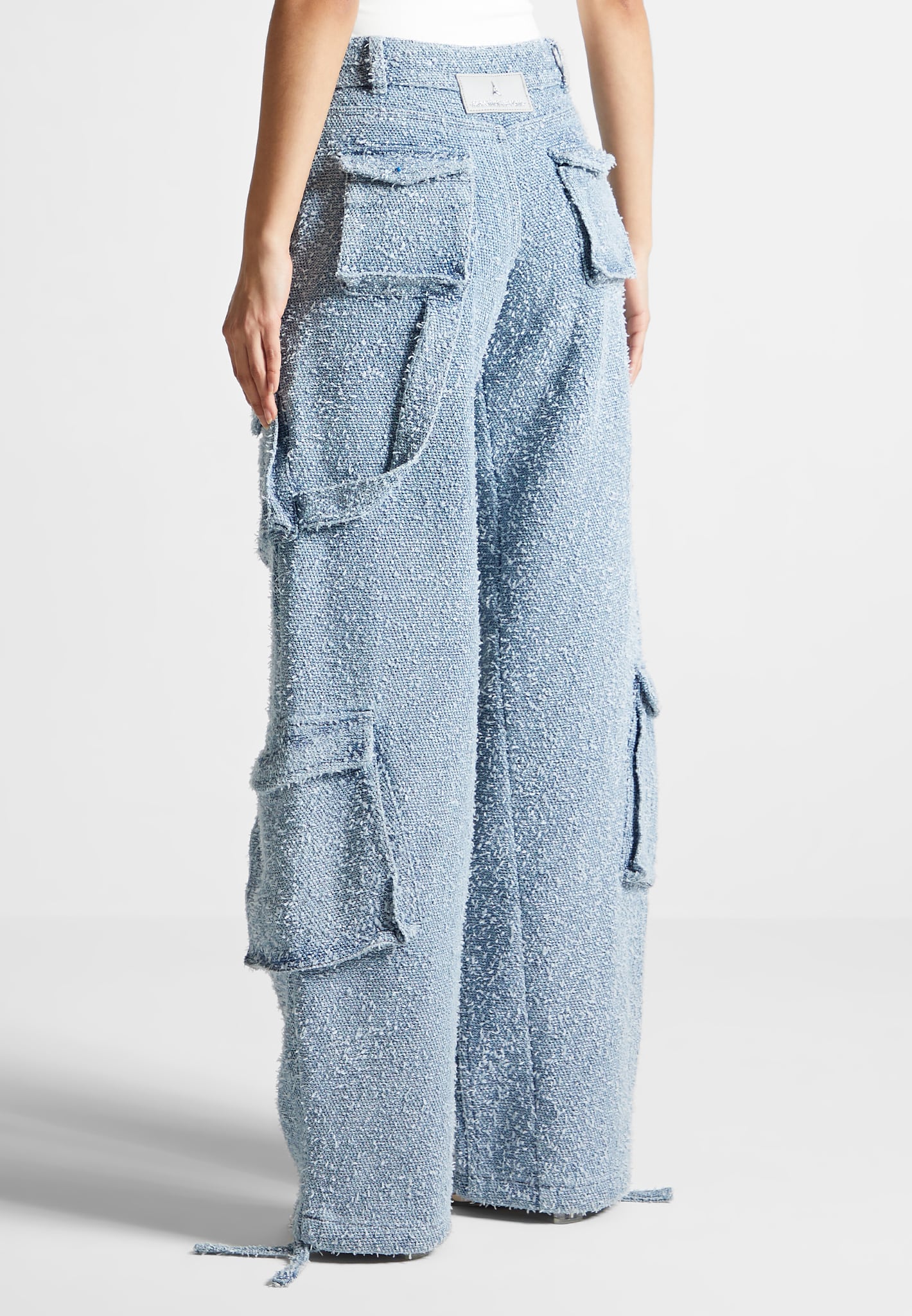 Anne - High Waisted Boucle Denim Cargo Pants - Mid Blue - Image 4