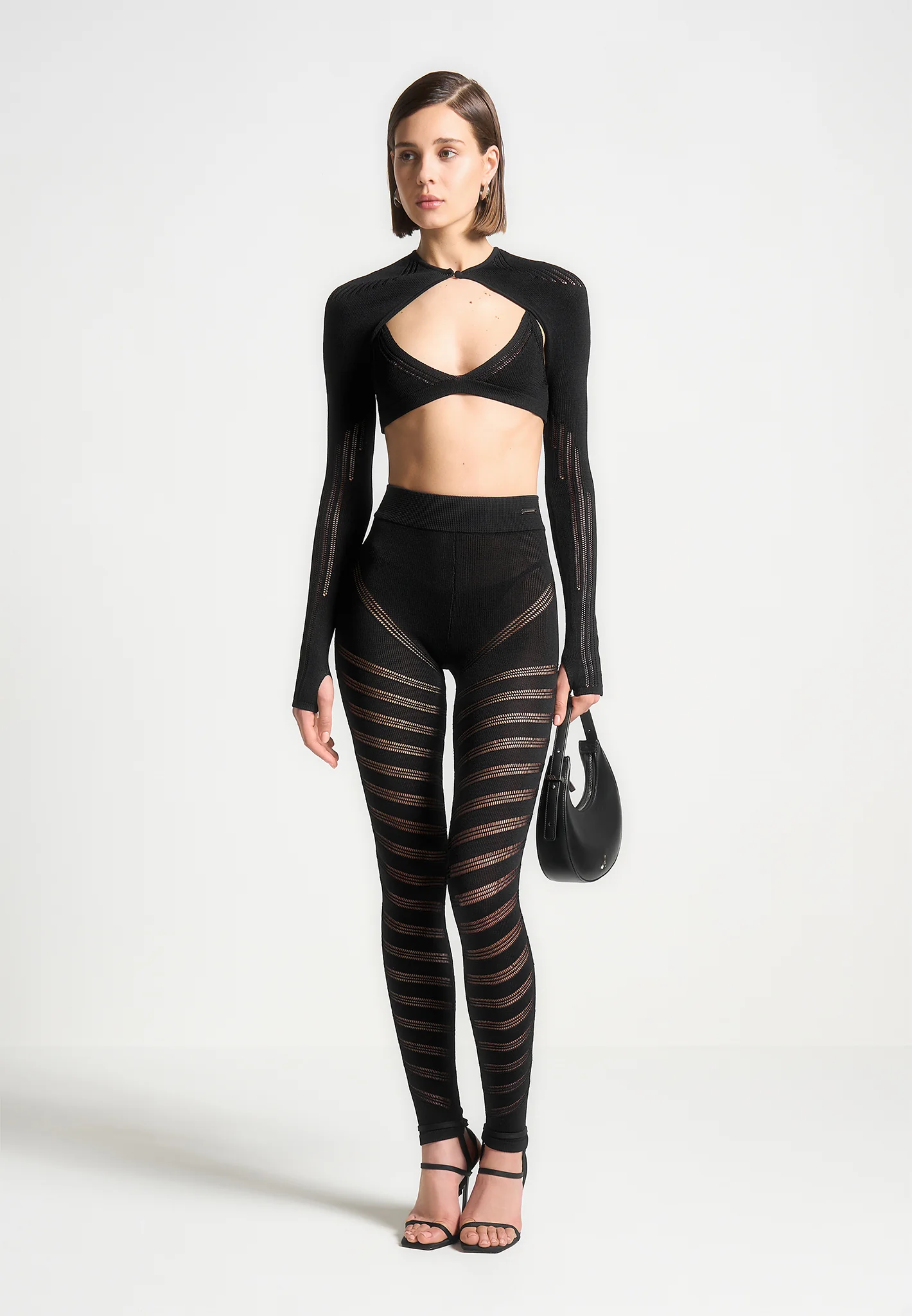 High Waisted Knitted Spiral Contour Leggings - Black - Image 2