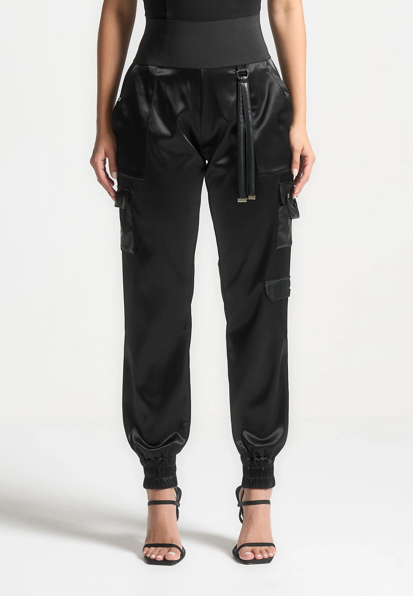 High Waisted Satin Cargo Trousers - Black - Image 2
