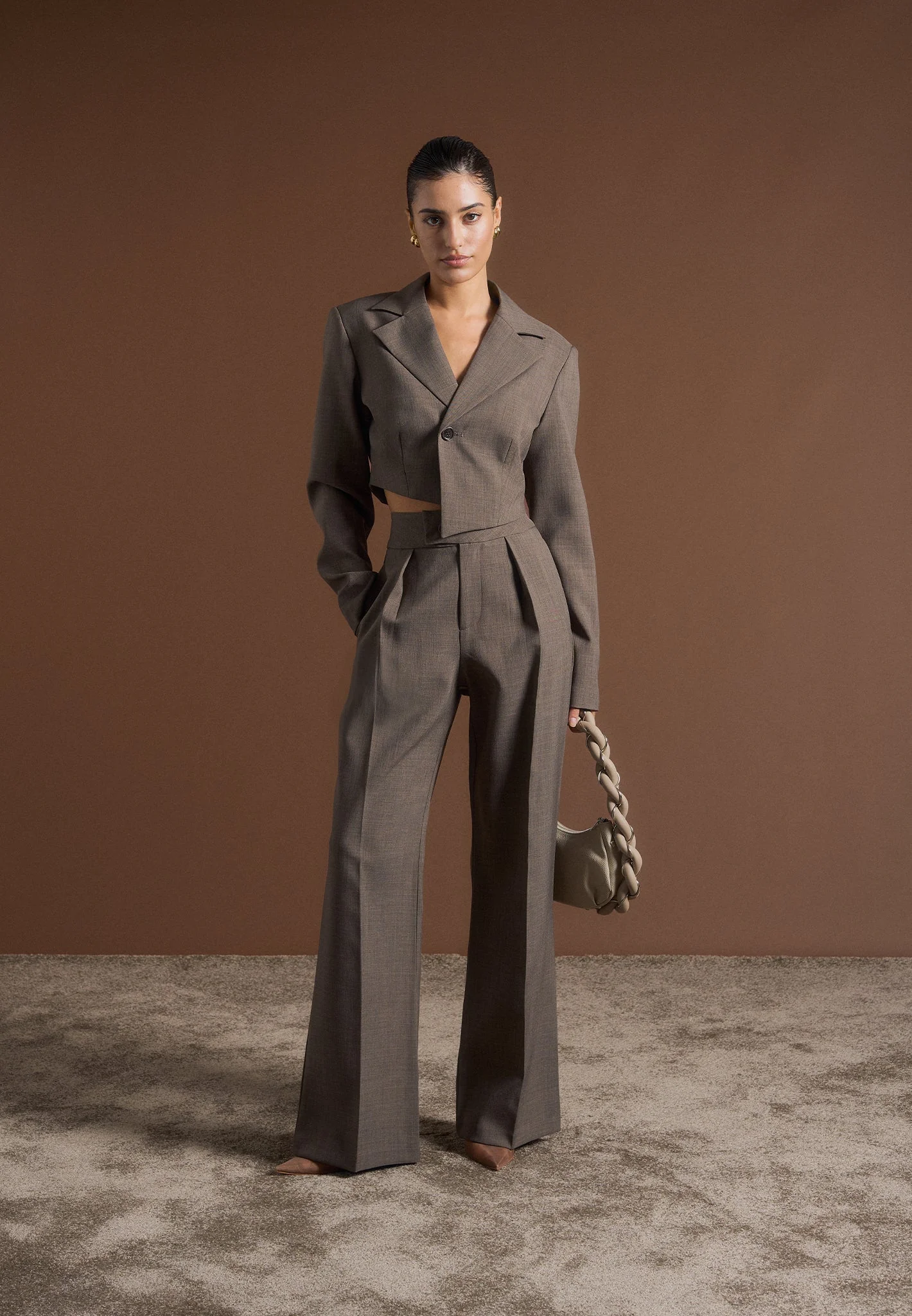 Elsa - High Waisted Tailored Trousers - Dark Taupe - Image 3