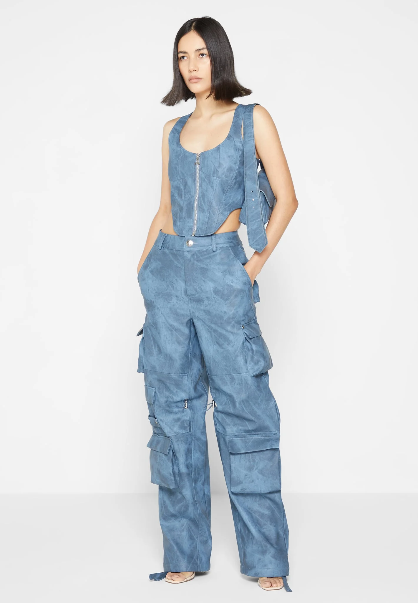 High Waisted Vintage Marble Leather Cargo Pants - Washed Blue - Image 3