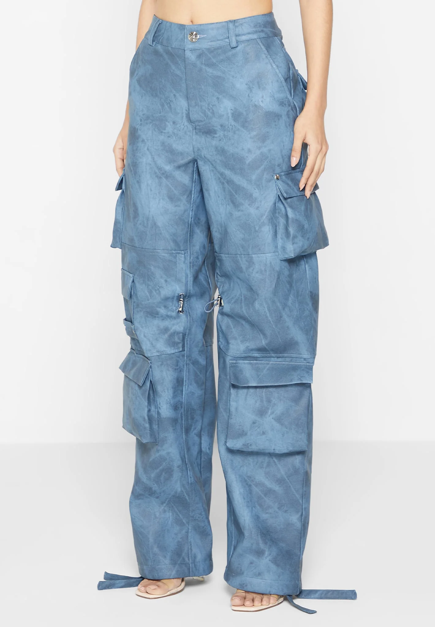 High Waisted Vintage Marble Leather Cargo Pants - Washed Blue - Image 4