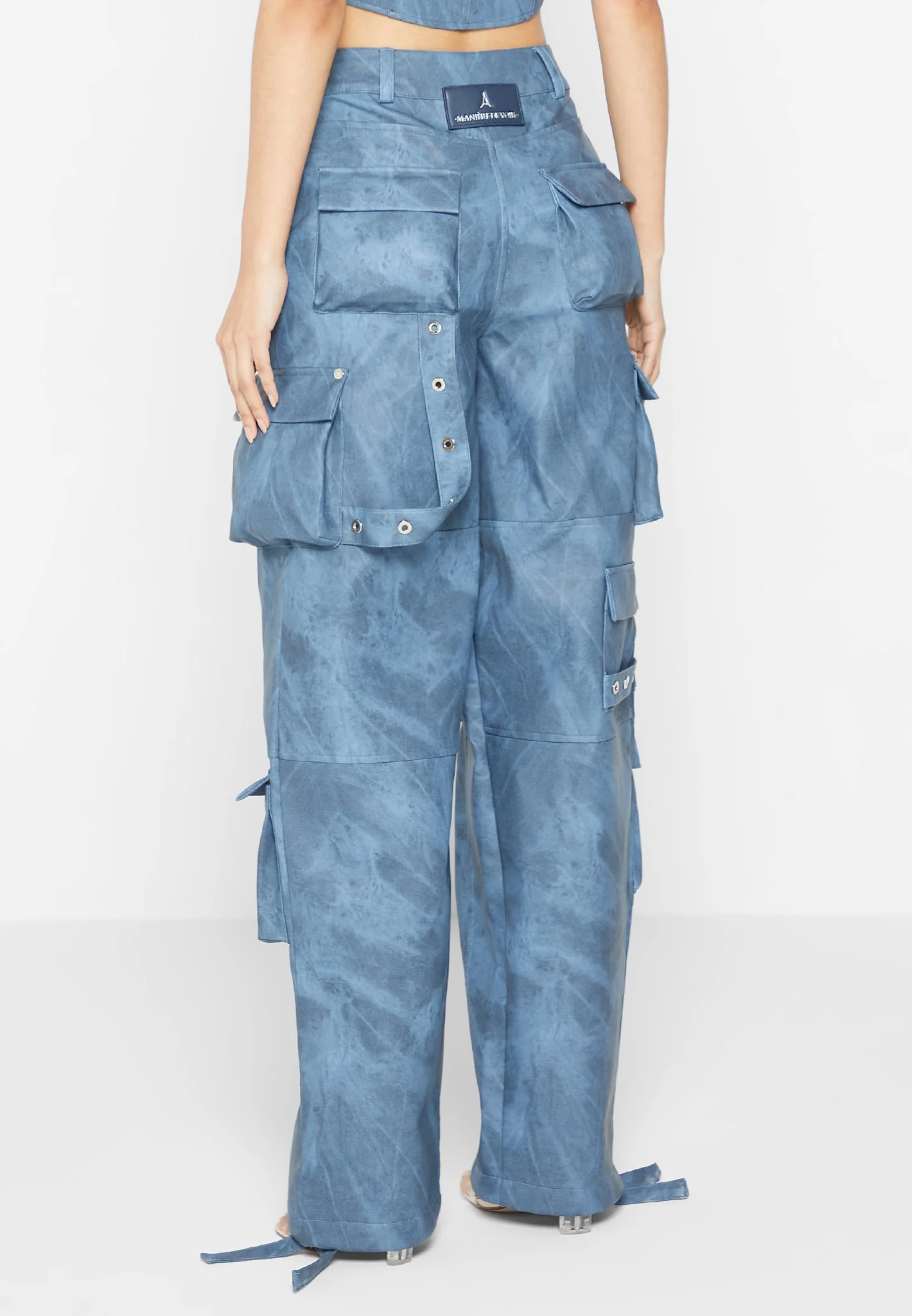 High Waisted Vintage Marble Leather Cargo Pants - Washed Blue - Image 5