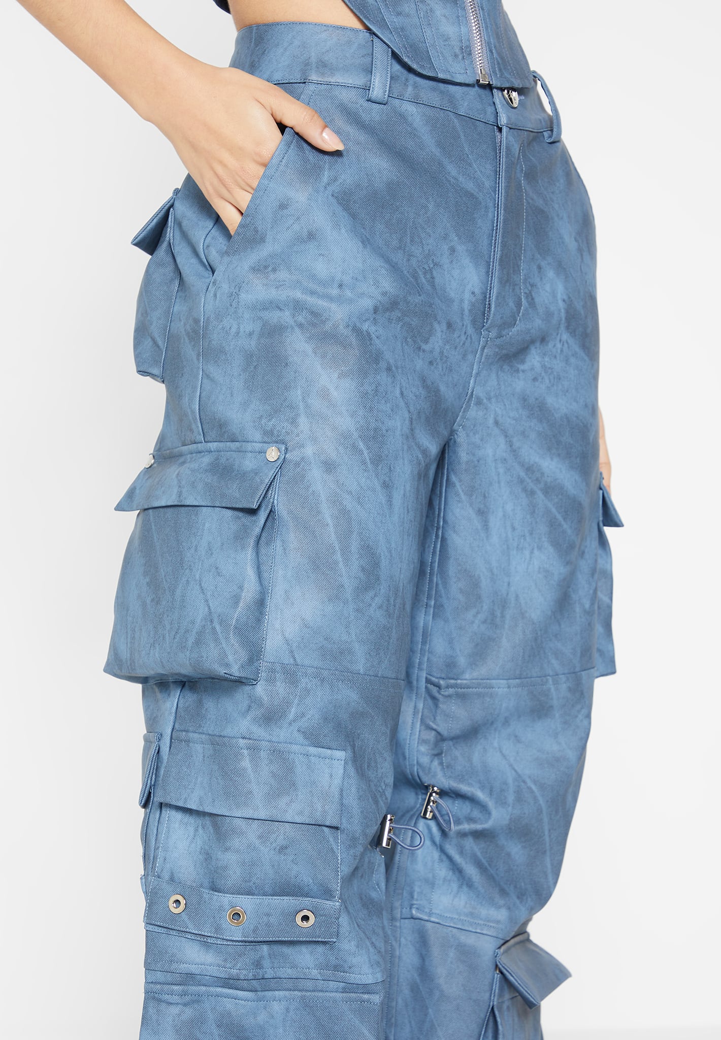 High Waisted Vintage Marble Leather Cargo Pants - Washed Blue - Image 7