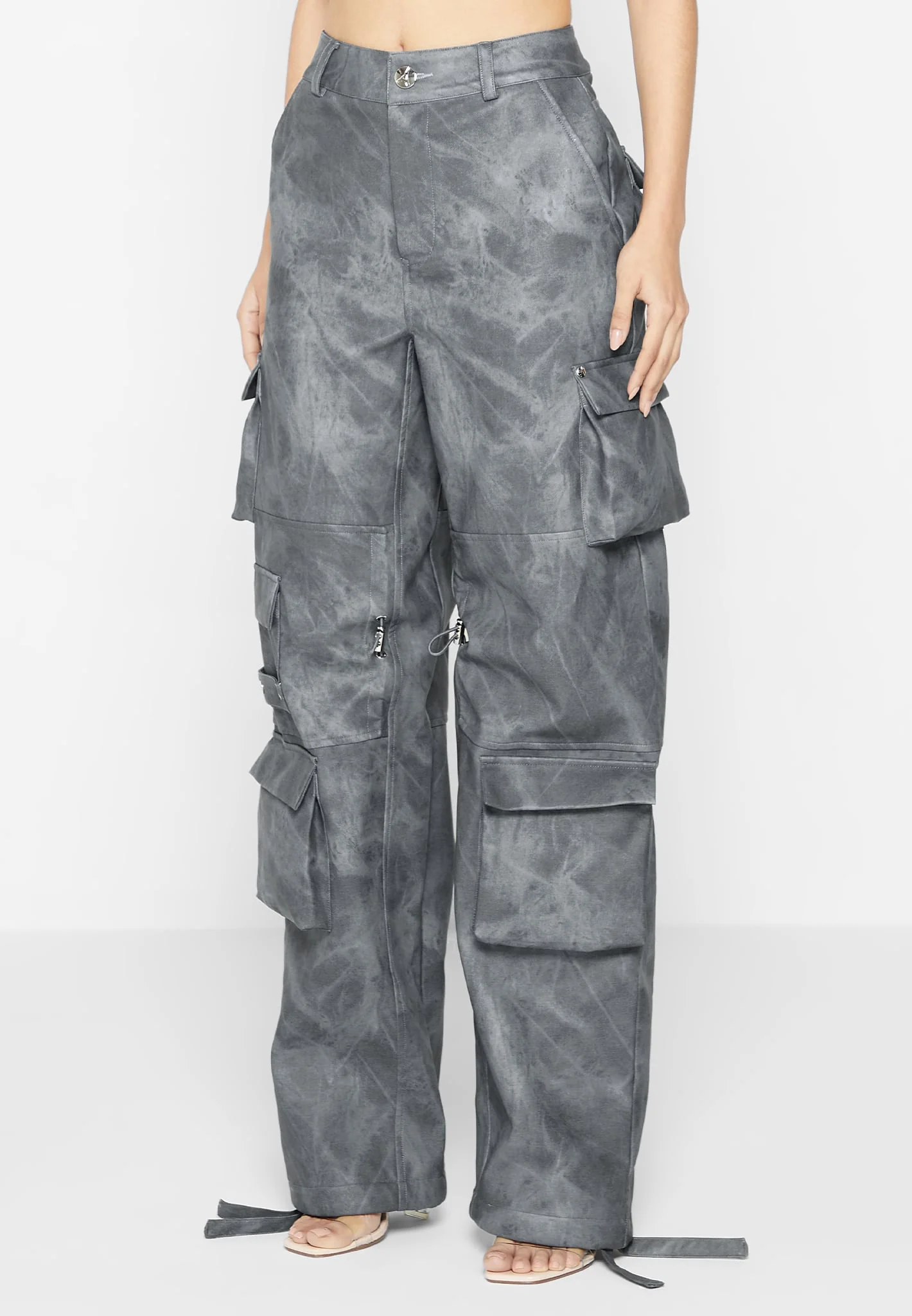 High Waisted Vintage Marble Leather Cargo Pants - Washed Grey - Image 4