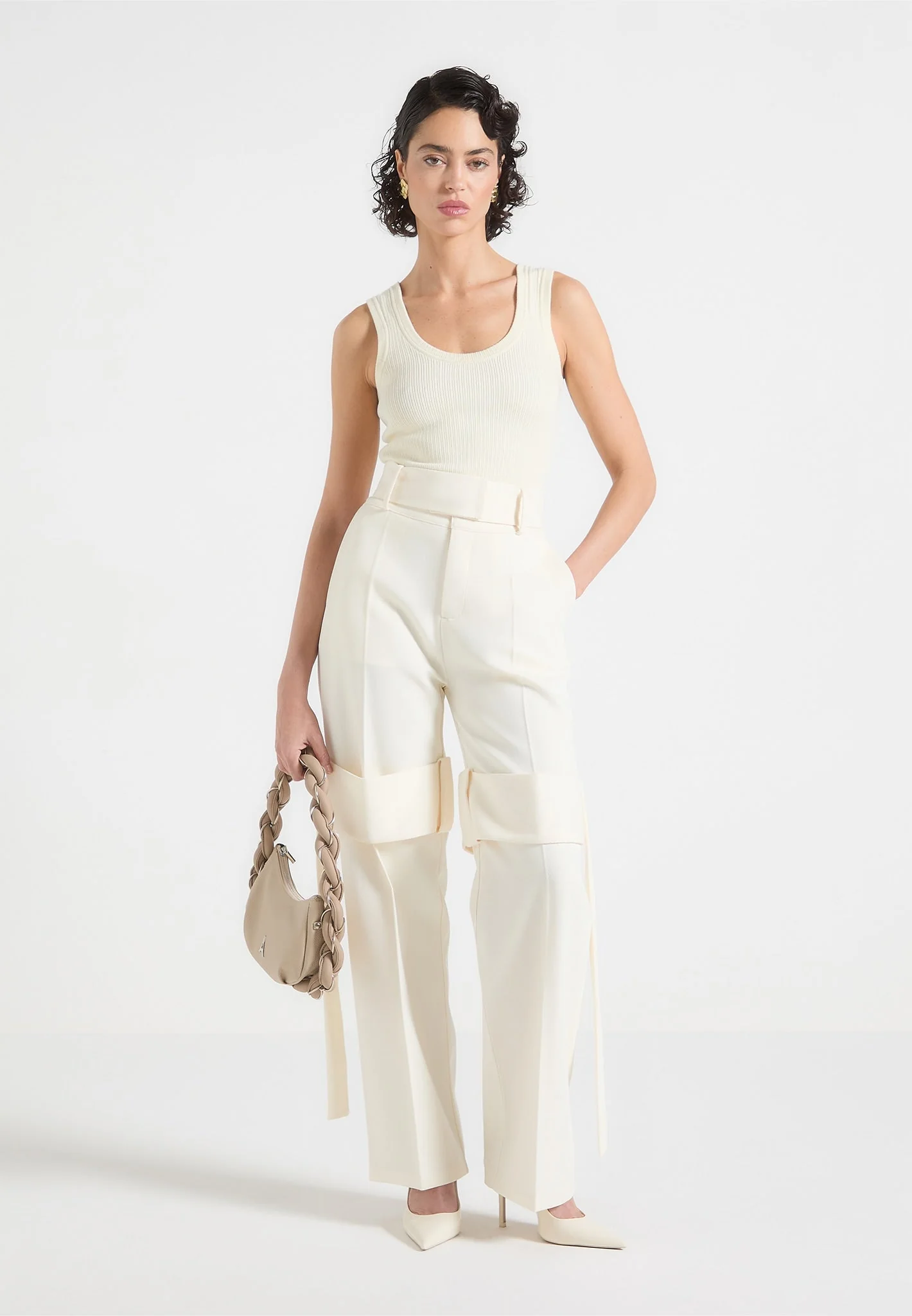 Isabelle - Tailored Belted Strap Detail Trousers - Off White - Image 3