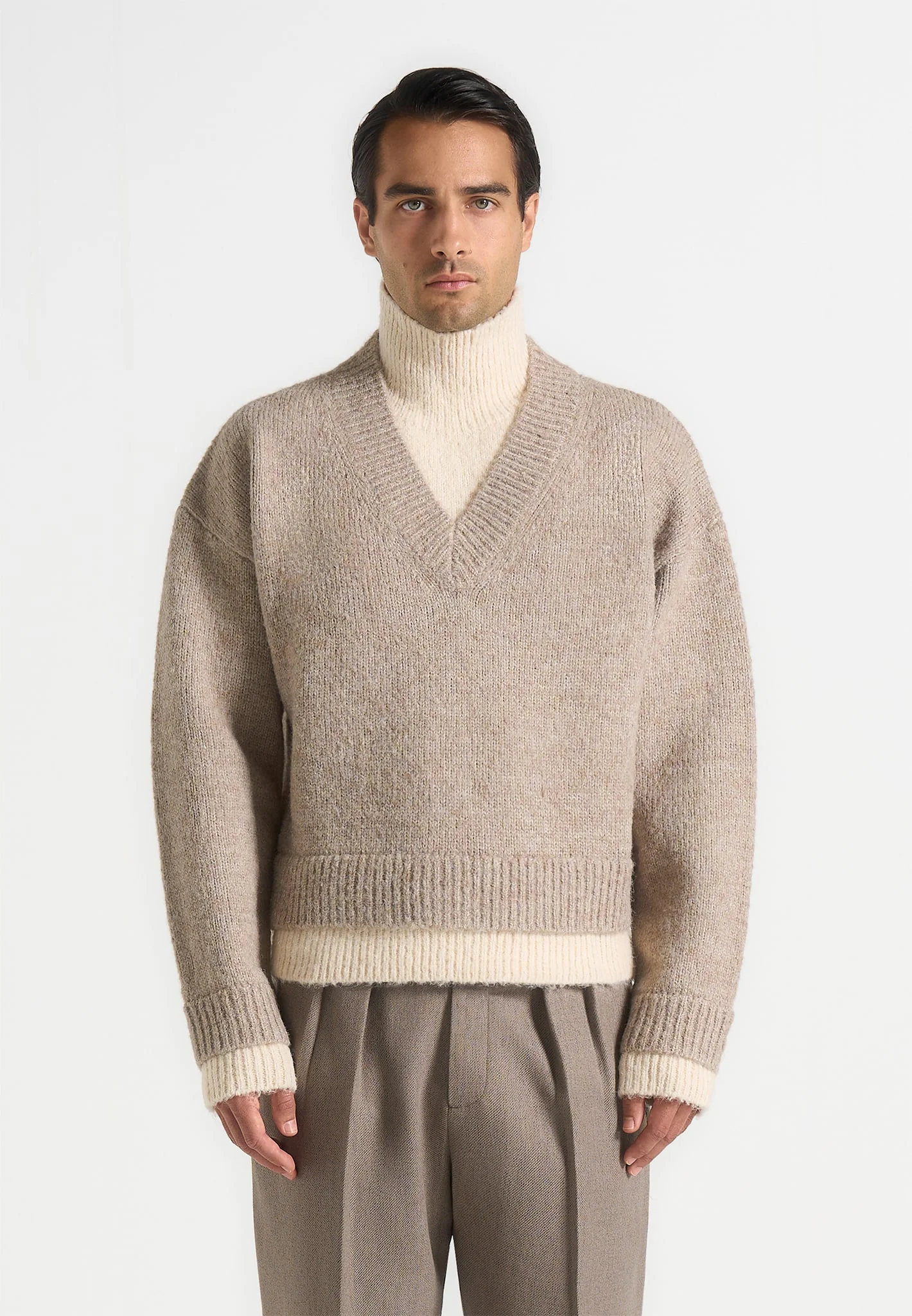 Jacques - Unisex Double Layer V-Neck Knit Jumper - Beige/Cream - Image 4