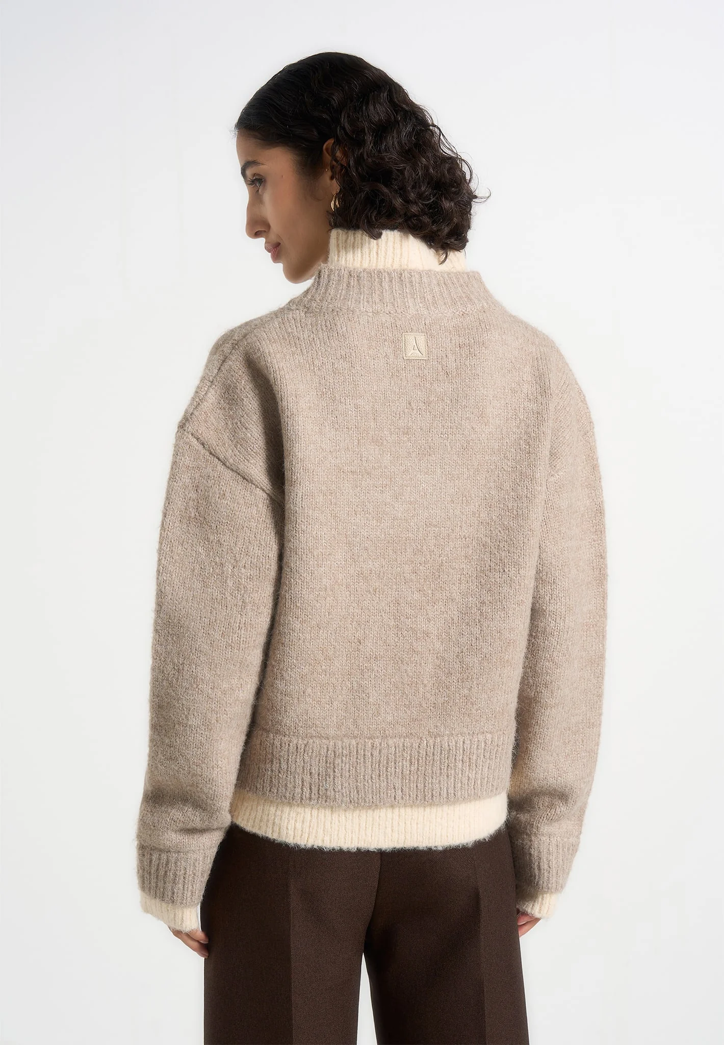 Jacques - Unisex Double Layer V-Neck Knit Jumper - Beige/Cream - Image 9