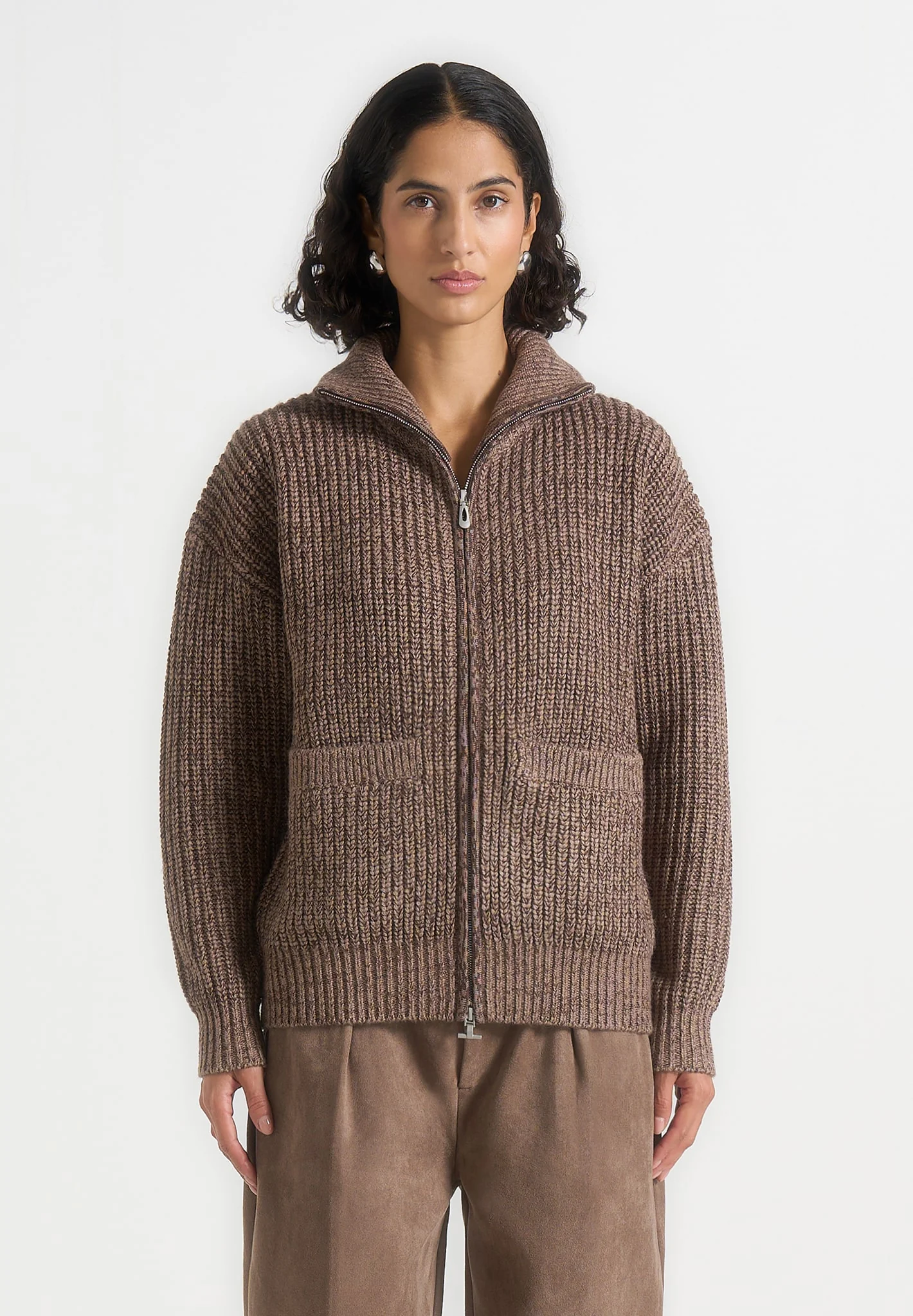 Jamie - Unisex Speckled Wool Zip Through Jacket - Taupe - Image 3