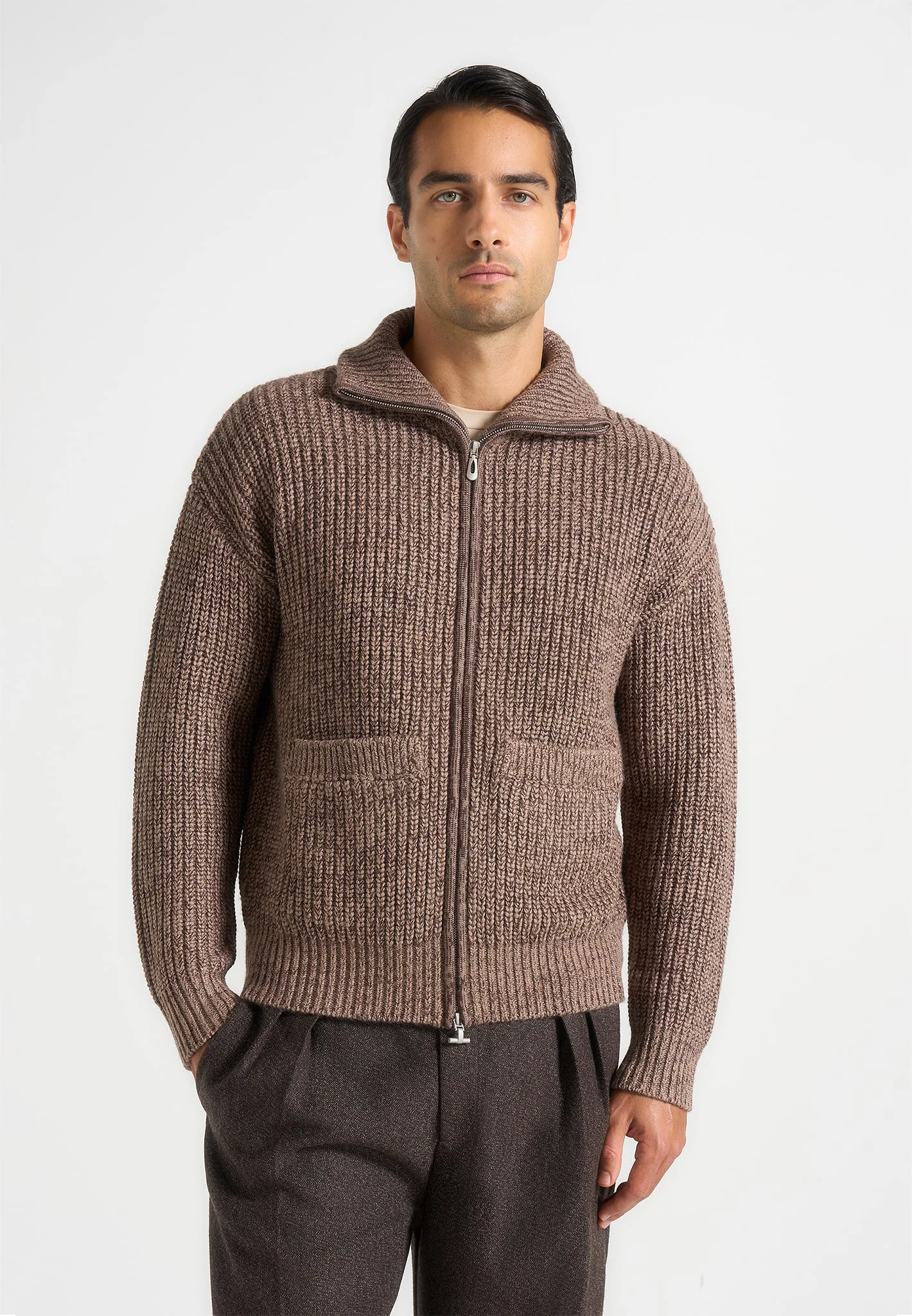 Jamie - Unisex Speckled Wool Zip Through Jacket - Taupe - Image 4