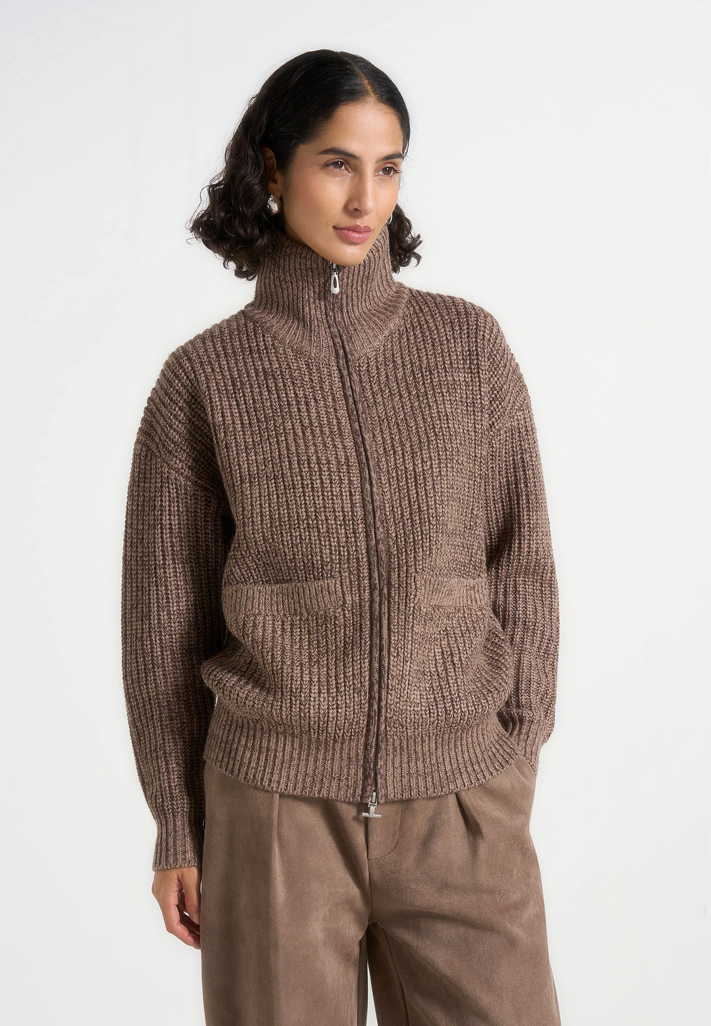 Jamie - Unisex Speckled Wool Zip Through Jacket - Taupe - Image 5