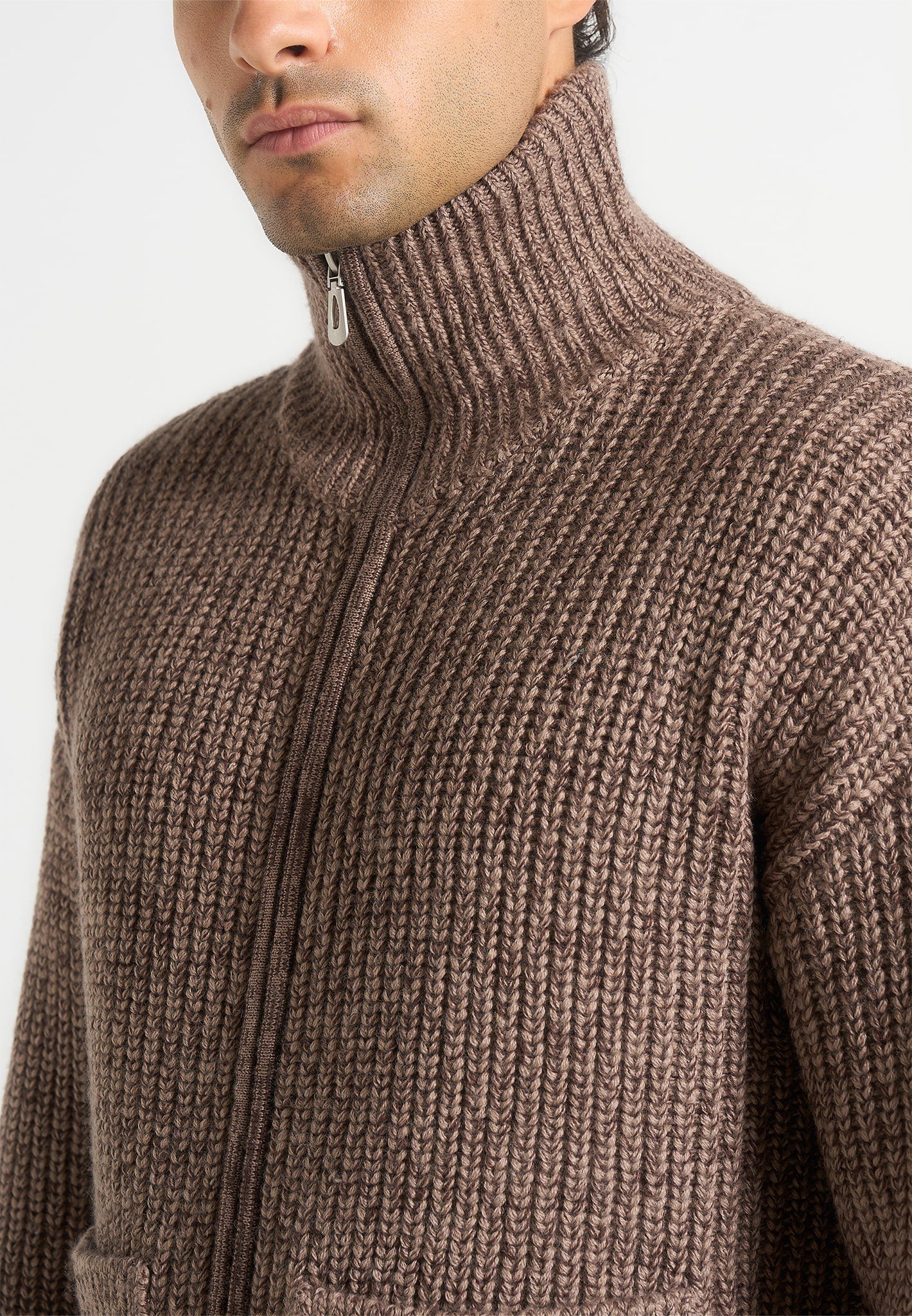 Jamie - Unisex Speckled Wool Zip Through Jacket - Taupe - Image 6