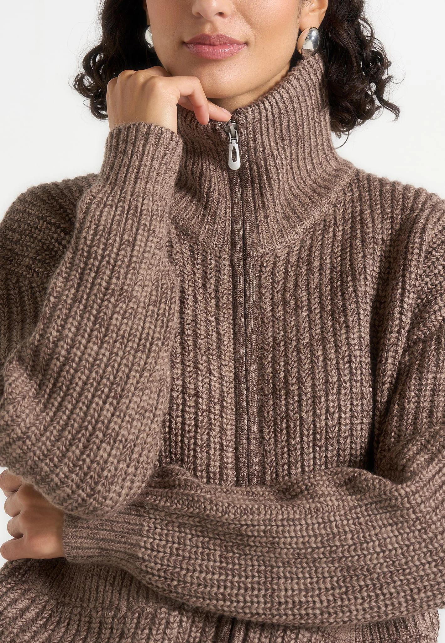 Jamie - Unisex Speckled Wool Zip Through Jacket - Taupe - Image 8