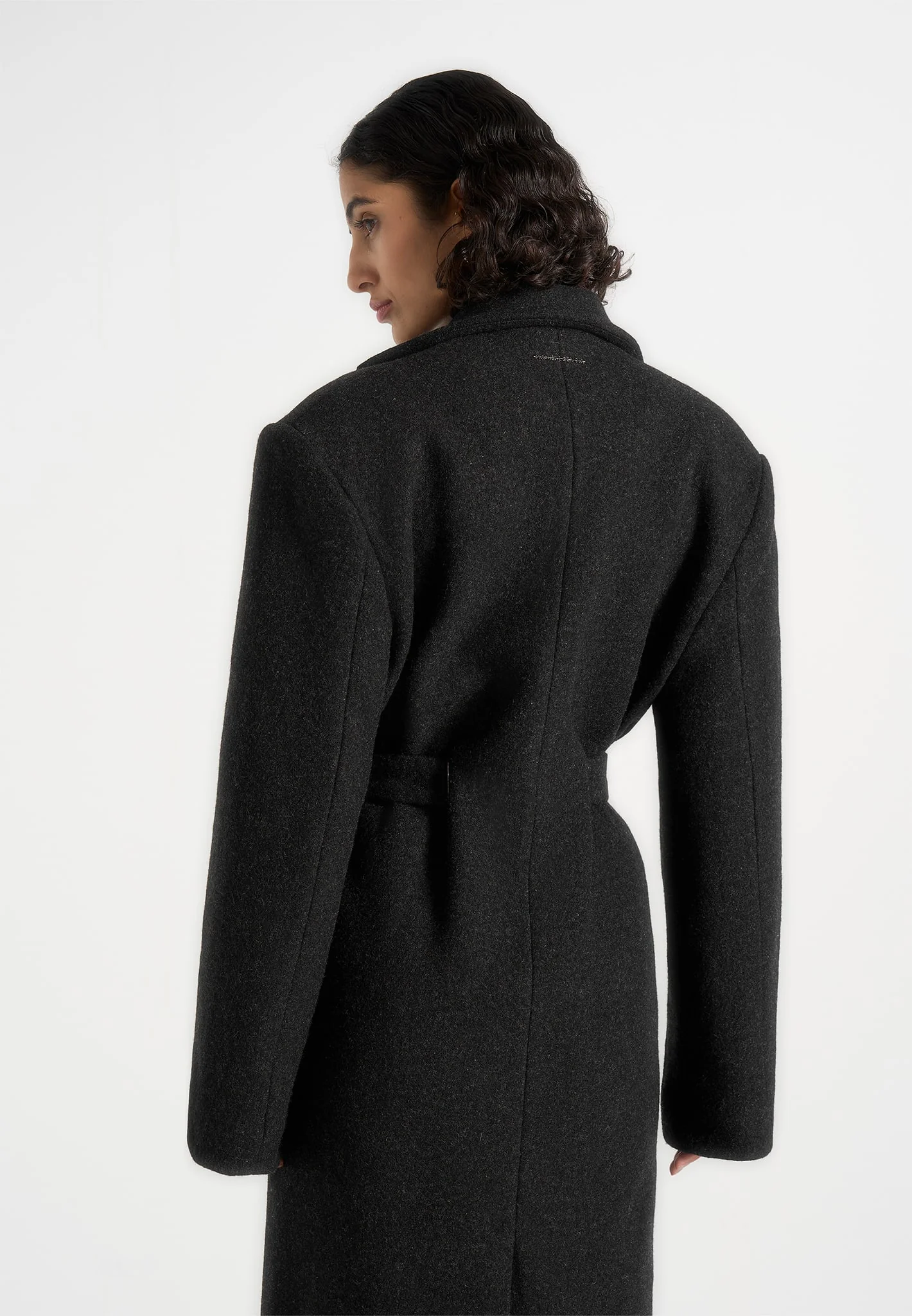 Jena - Wide Shoulder Wool Coat with Cinch Belt - Black - Image 2