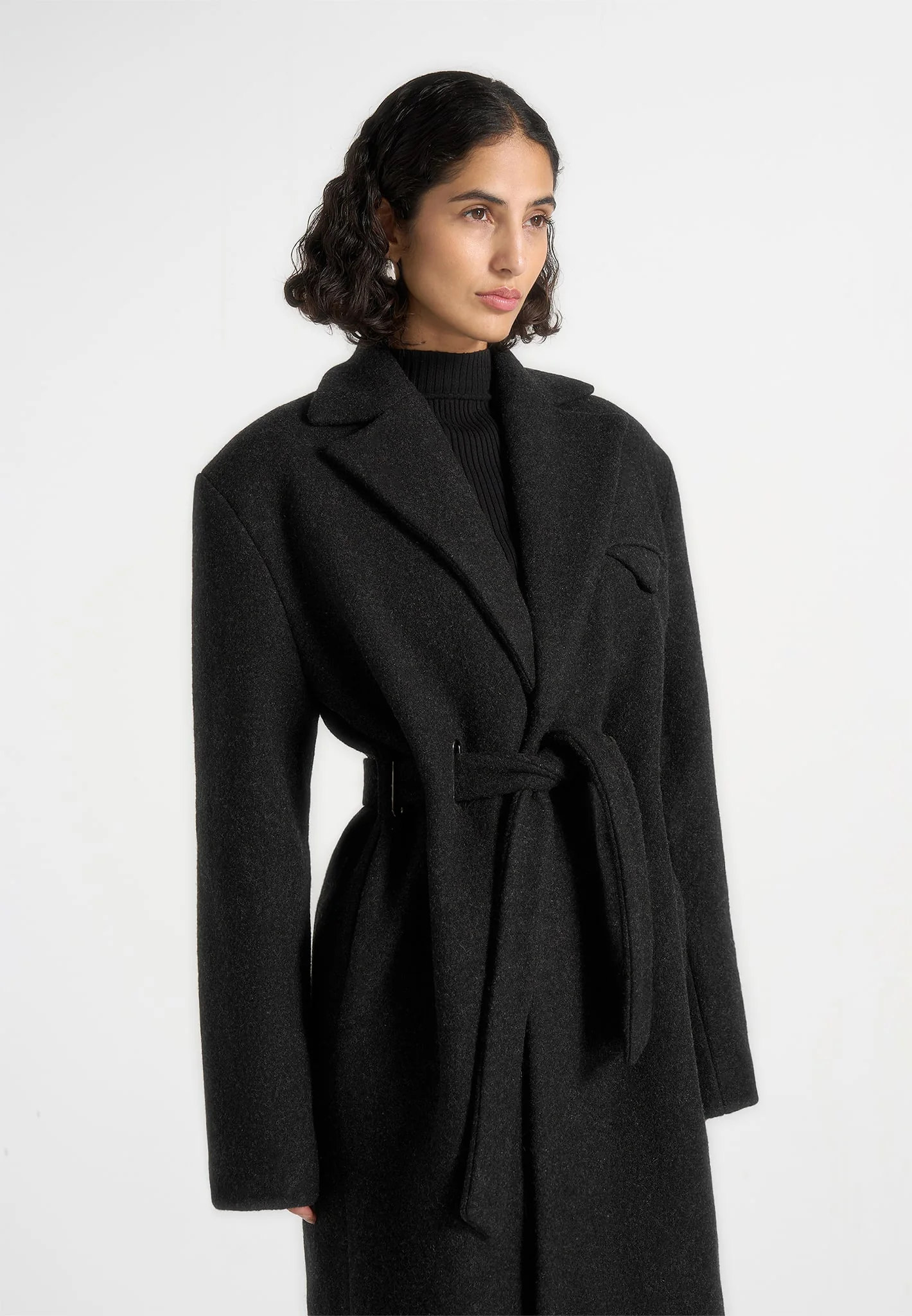 Jena - Wide Shoulder Wool Coat with Cinch Belt - Black - Image 4