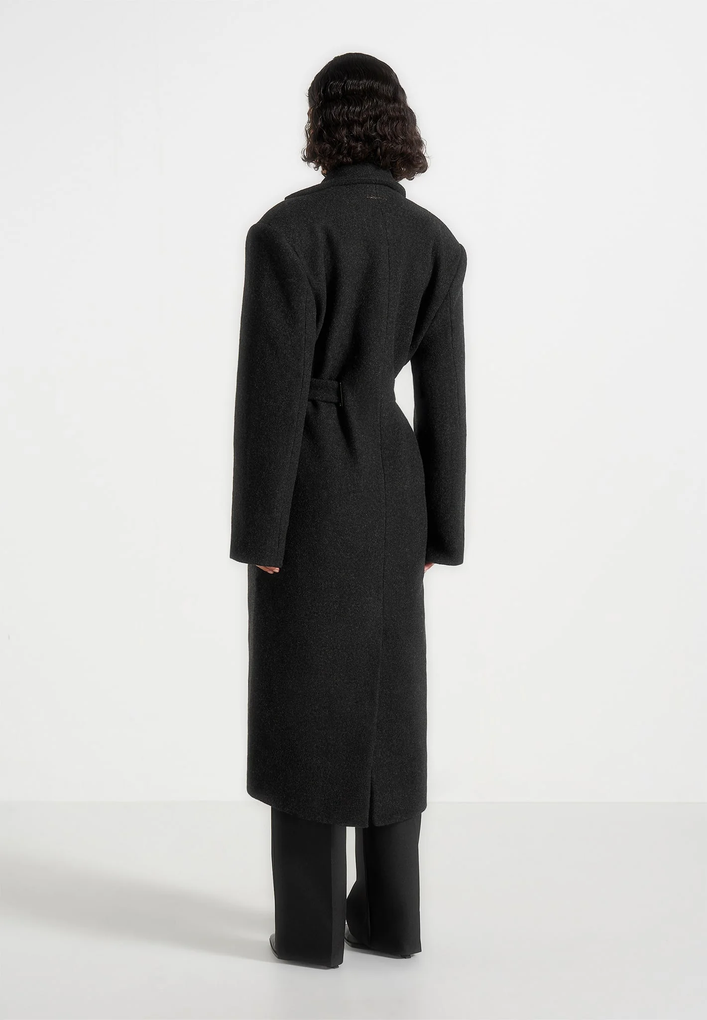 Jena - Wide Shoulder Wool Coat with Cinch Belt - Black - Image 5