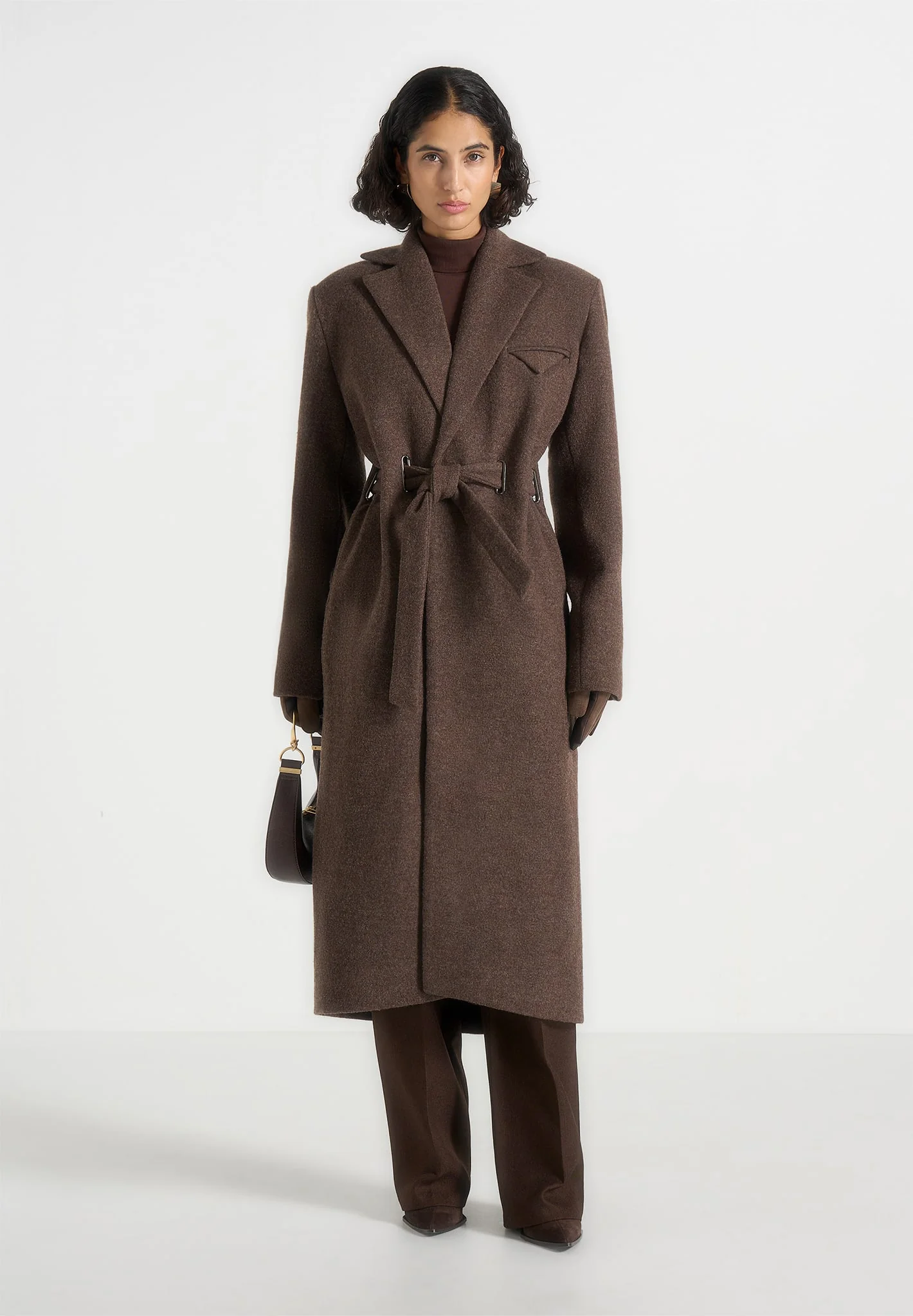 Jena - Wide Shoulder Wool Coat with Cinch Belt - Brown