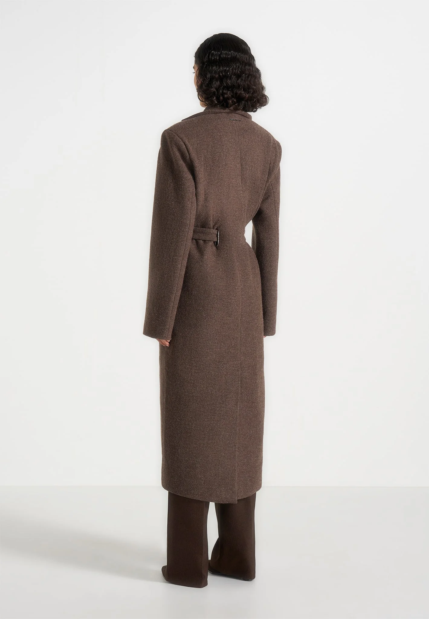 Jena - Wide Shoulder Wool Coat with Cinch Belt - Brown - Image 5