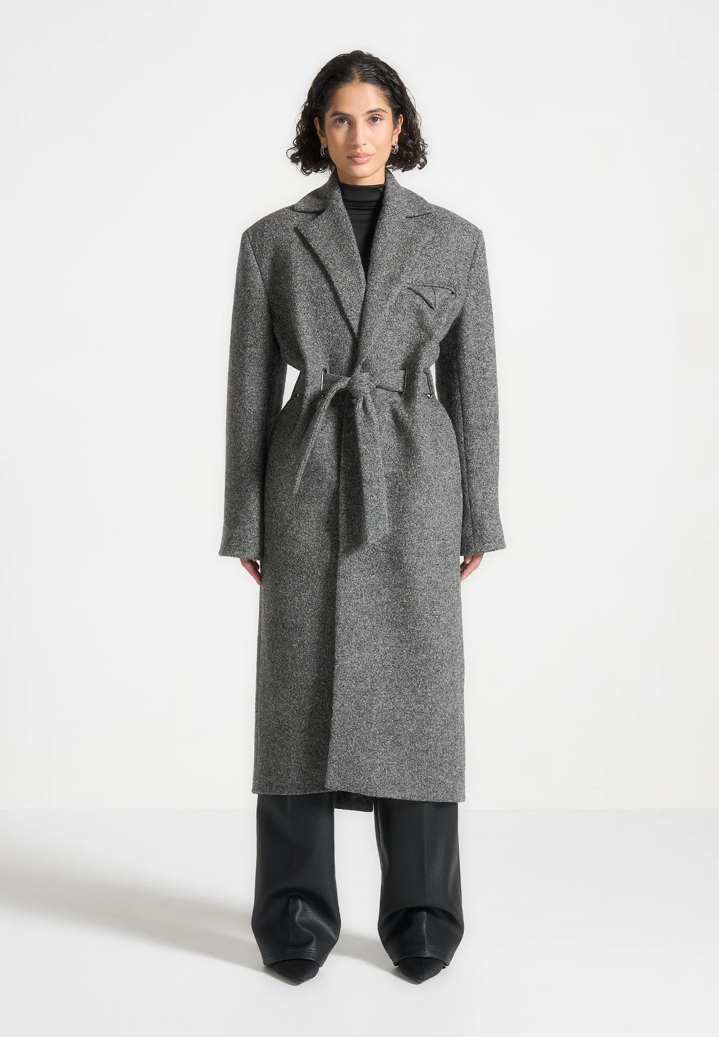Jena - Wide Shoulder Wool Coat with Cinch Belt - Grey - Image 3