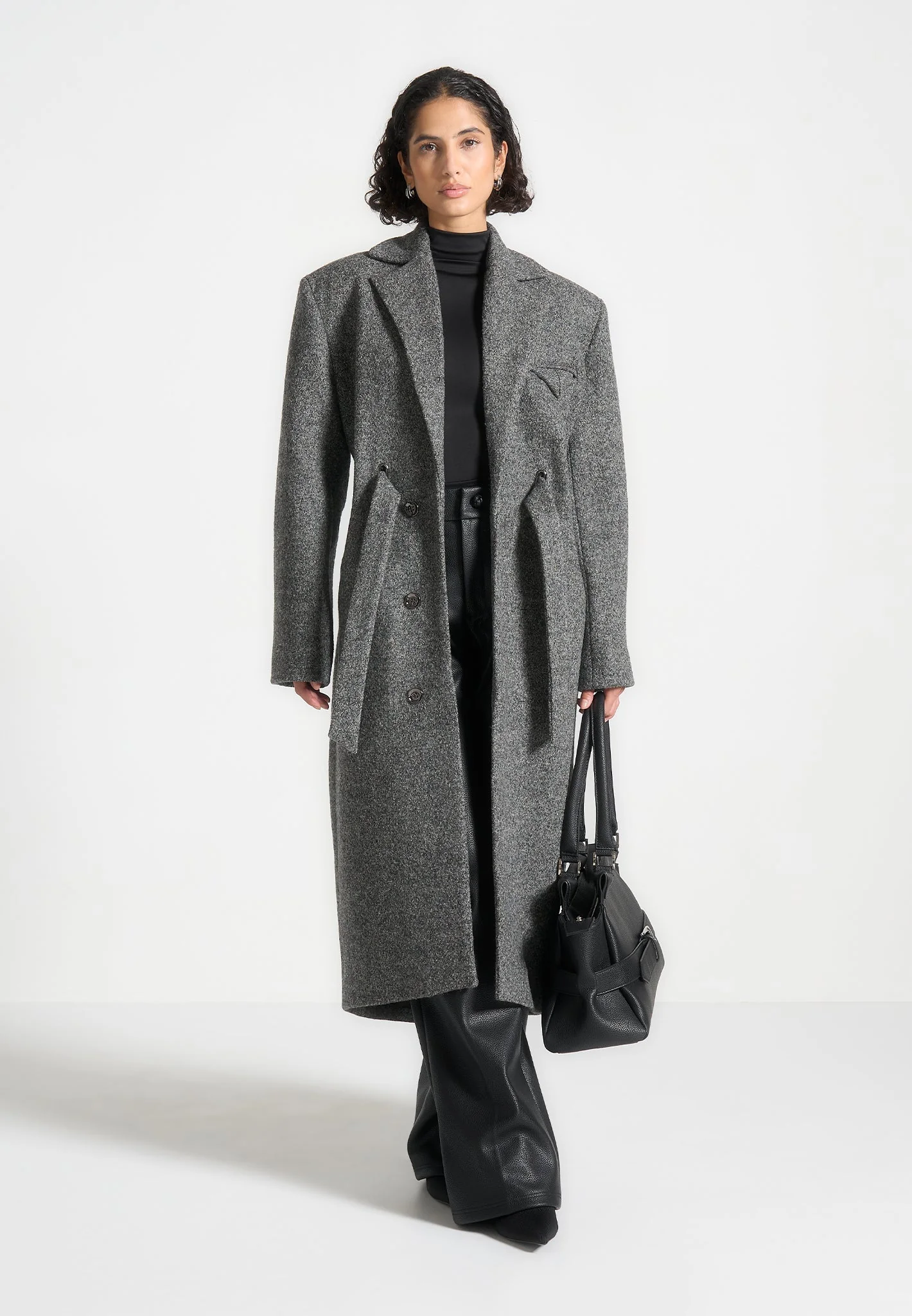 Jena - Wide Shoulder Wool Coat with Cinch Belt - Grey - Image 4