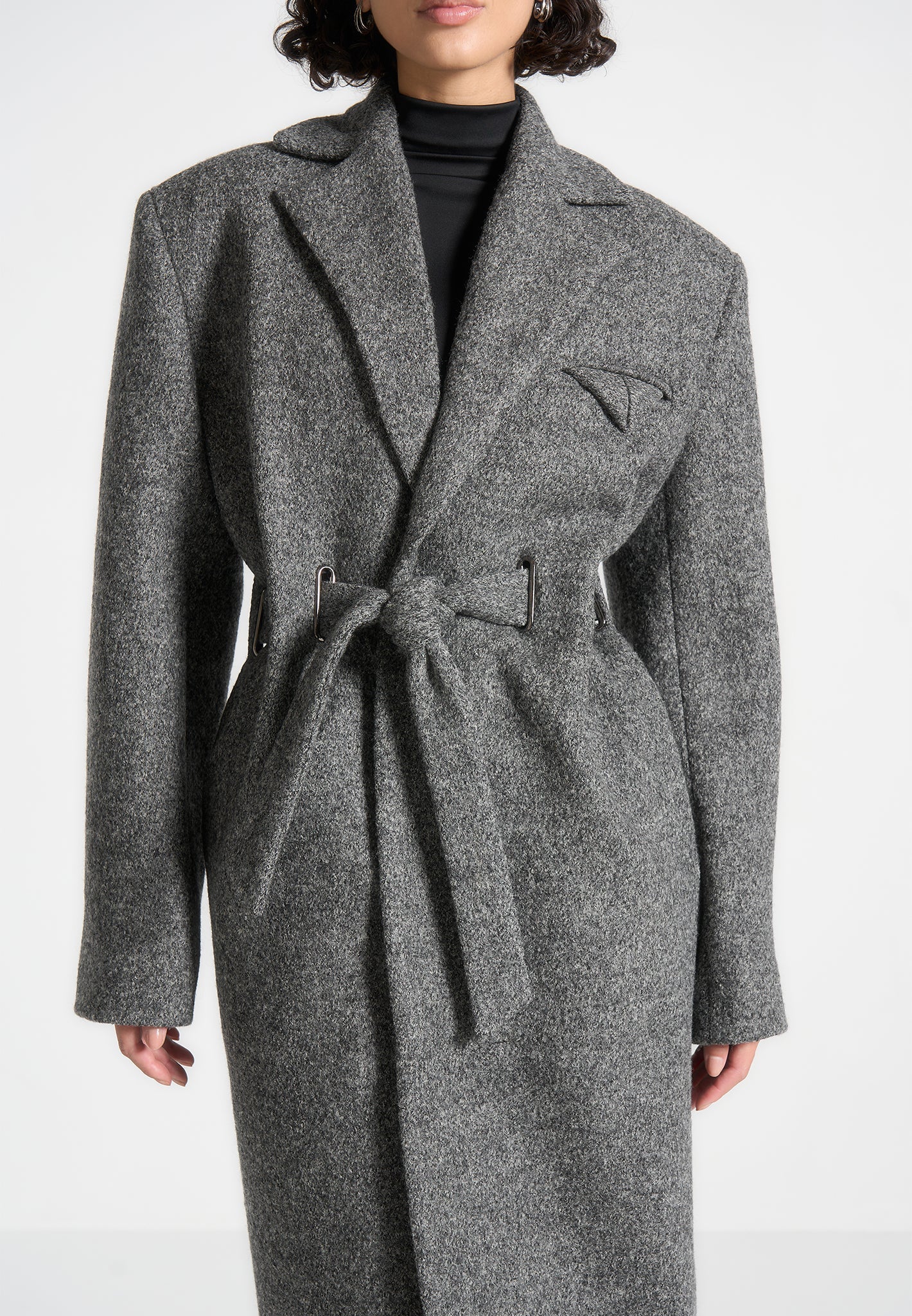 Jena - Wide Shoulder Wool Coat with Cinch Belt - Grey - Image 5