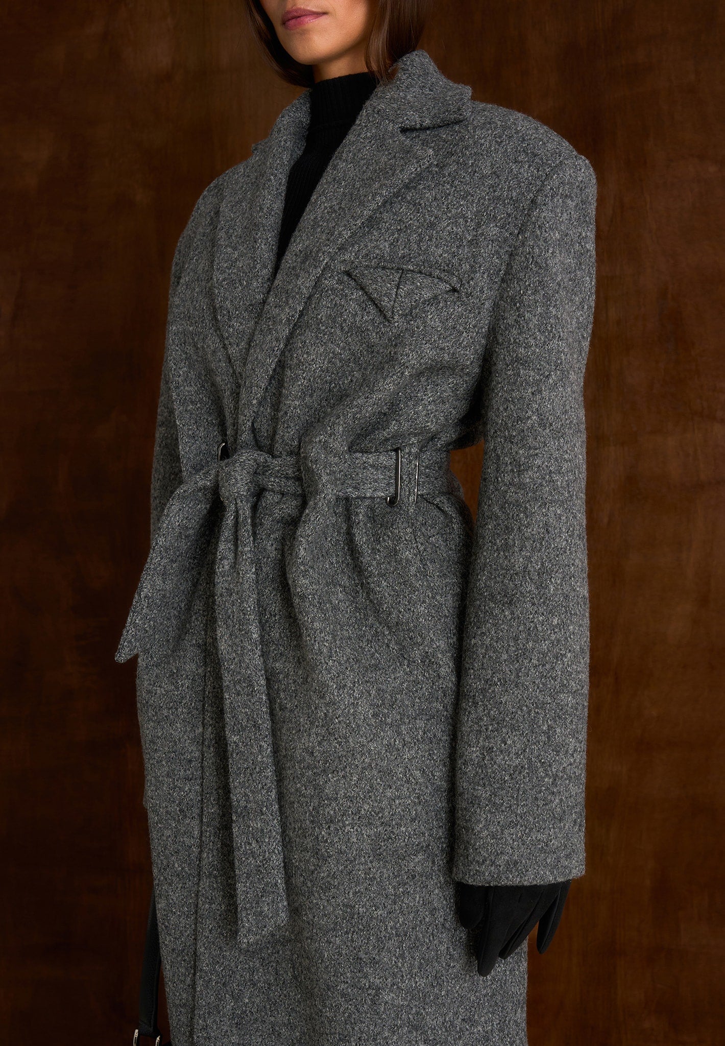 Jena - Wide Shoulder Wool Coat with Cinch Belt - Grey - Image 9