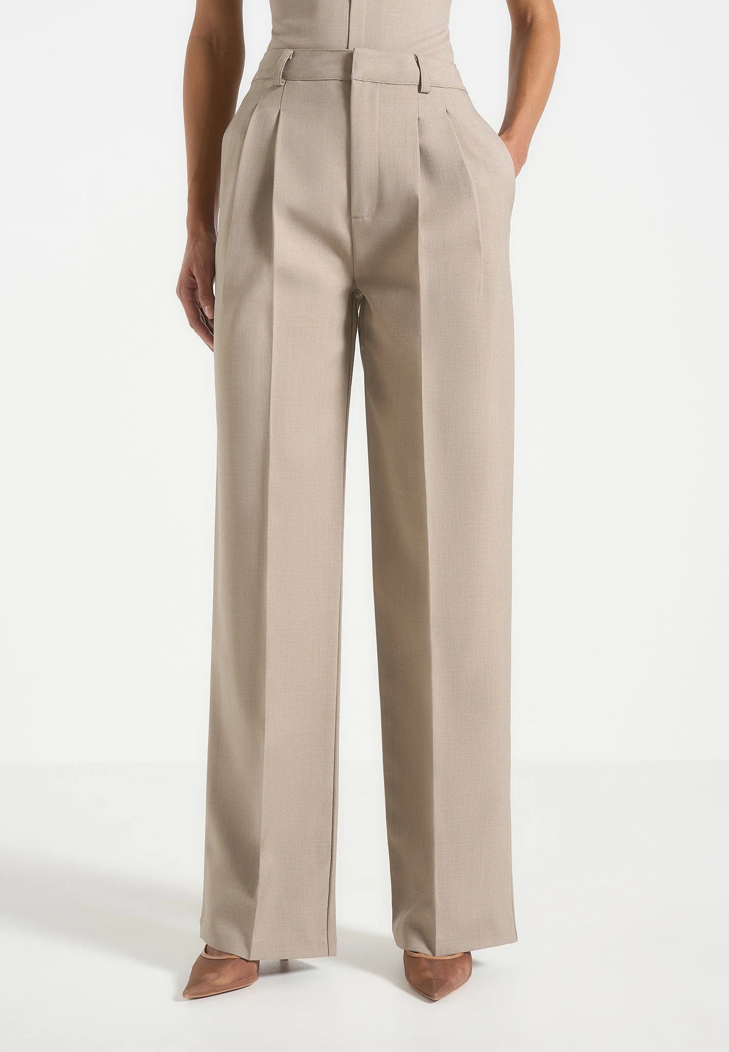 Julie - Tailored Twin Pleat Trousers - Taupe - Image 2